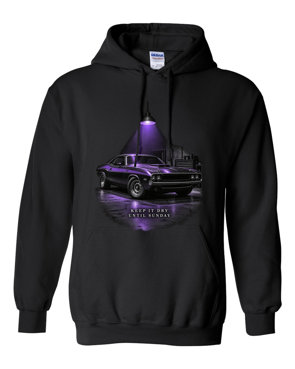 Garage night print of a Plum Crazy 1970 Dodge Challenger R/T with keep it dry until Sunday text black pull over hoodie front view with the design