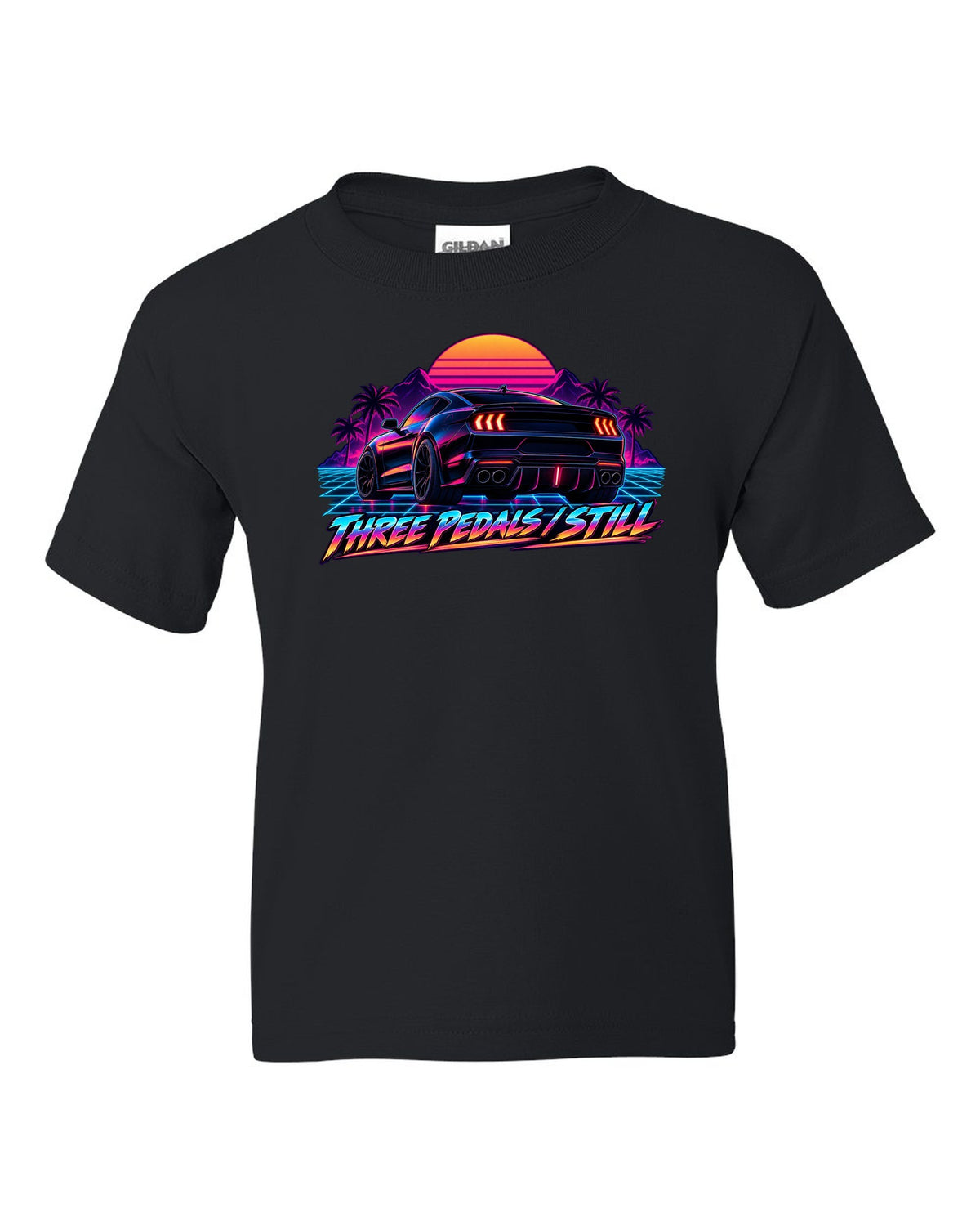 Synthwave outrun 2024 S650 Ford Mustang coupe with Three pedals still text black kids tee front view with the design