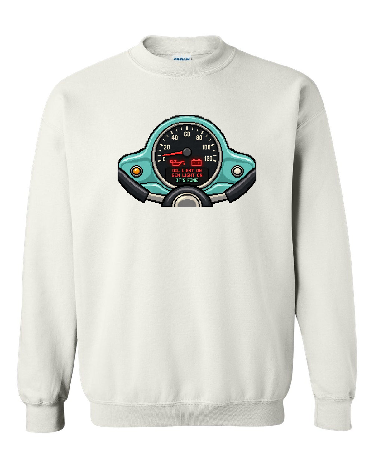 Pixel LED segmented display print of a VW Beetle Type 1 dashboard with warning light lettering white crewneck front view with the design
