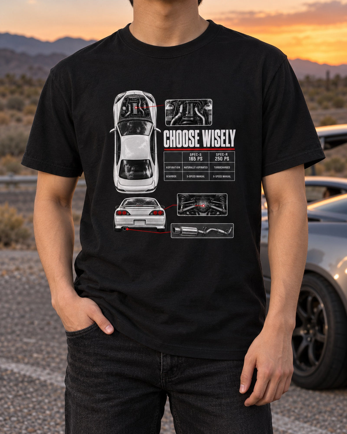 Nissan Silvia S15 Spec-S vs Spec-R Choose Wisely Spec Tee T-Shirt Black worn hero