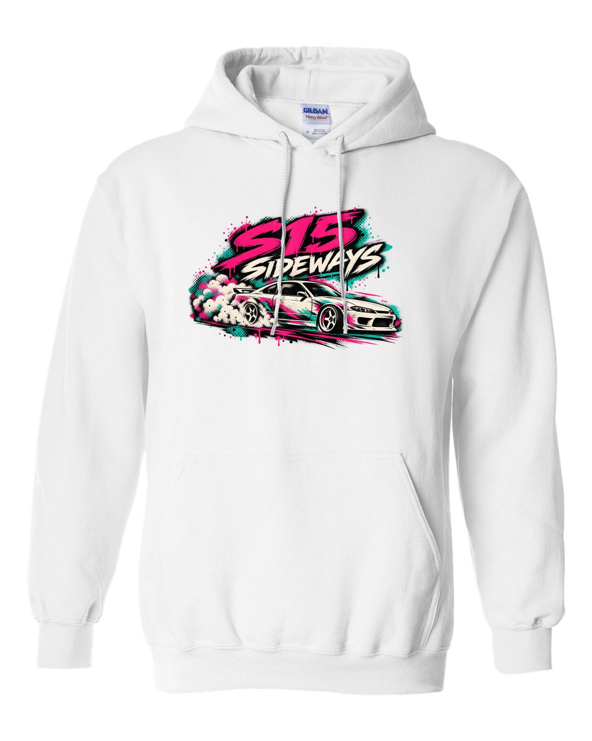 Stencil spray street art print of a Nissan Silvia S15 sliding sideways white pull over hoodie front view with the design