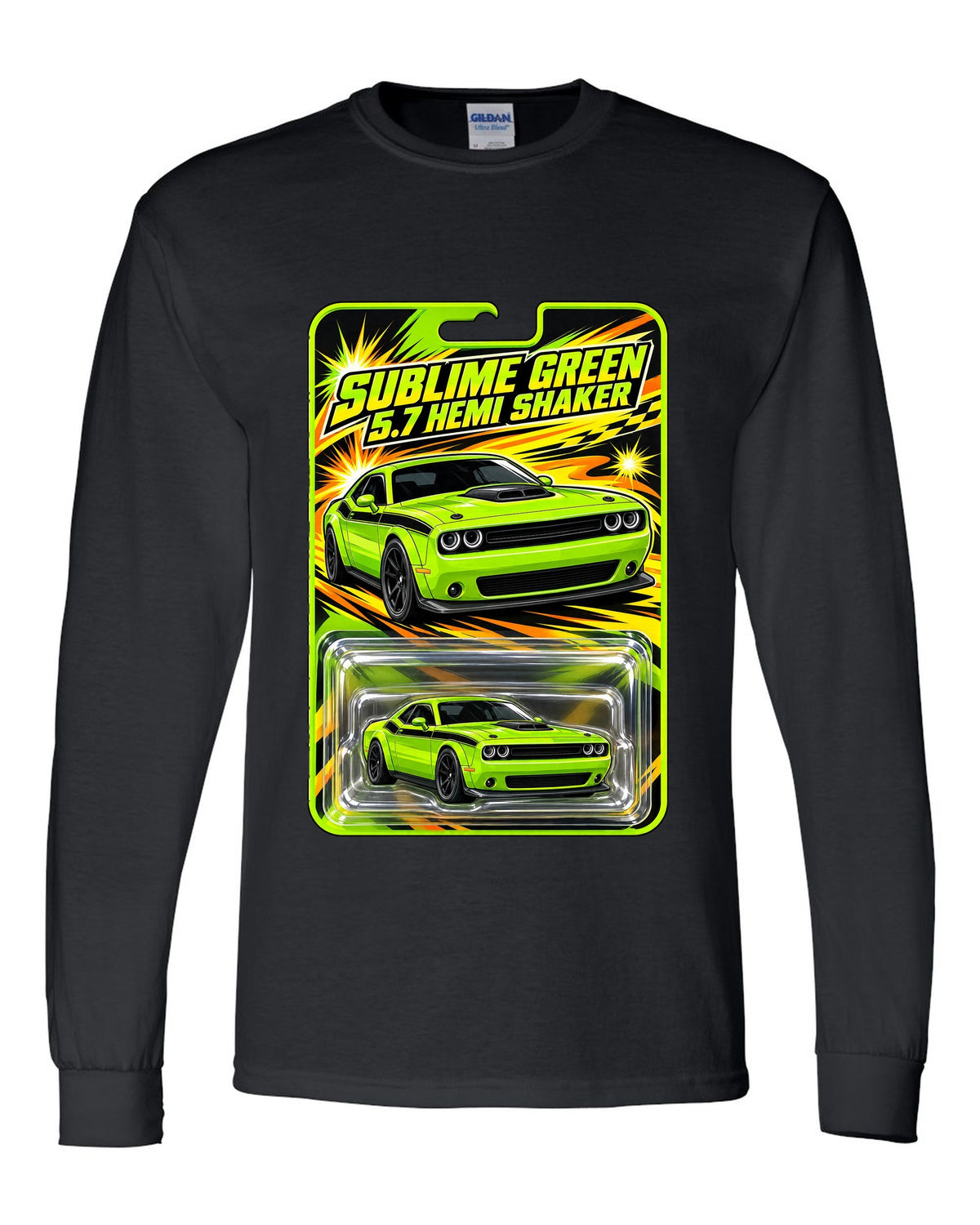 Blister toy card print of a 2015 Dodge Challenger R/T Shaker in Sublime Green black long sleeve front view with the design