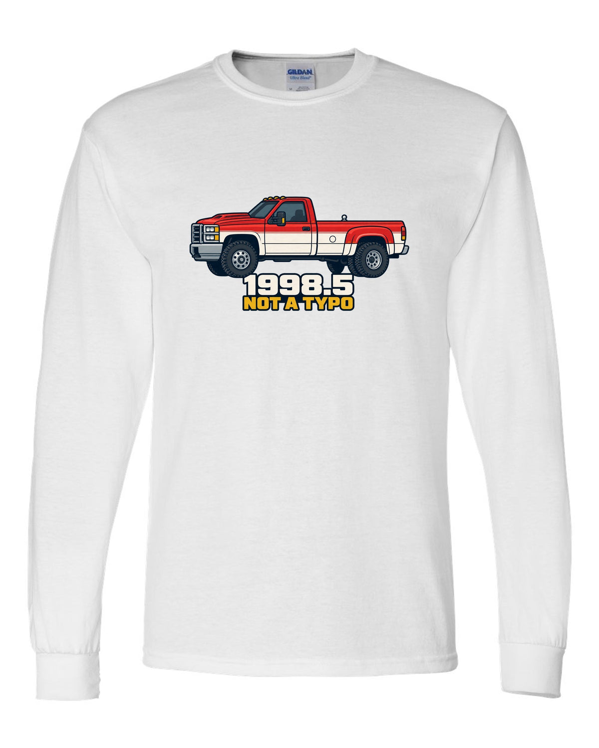 Flat vector poster print of a 1998.5-2002 Ram 2500 24V Cummins with 1998.5 Not A Typo text white long sleeve front view with the design