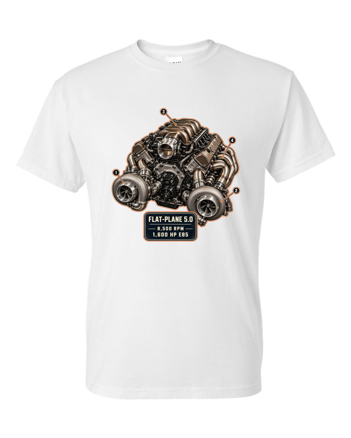 Engine hero illustration of the Koenigsegg Jesko 5.0 litre twin-turbo flat-plane V8, print white t-shirt front view with the design