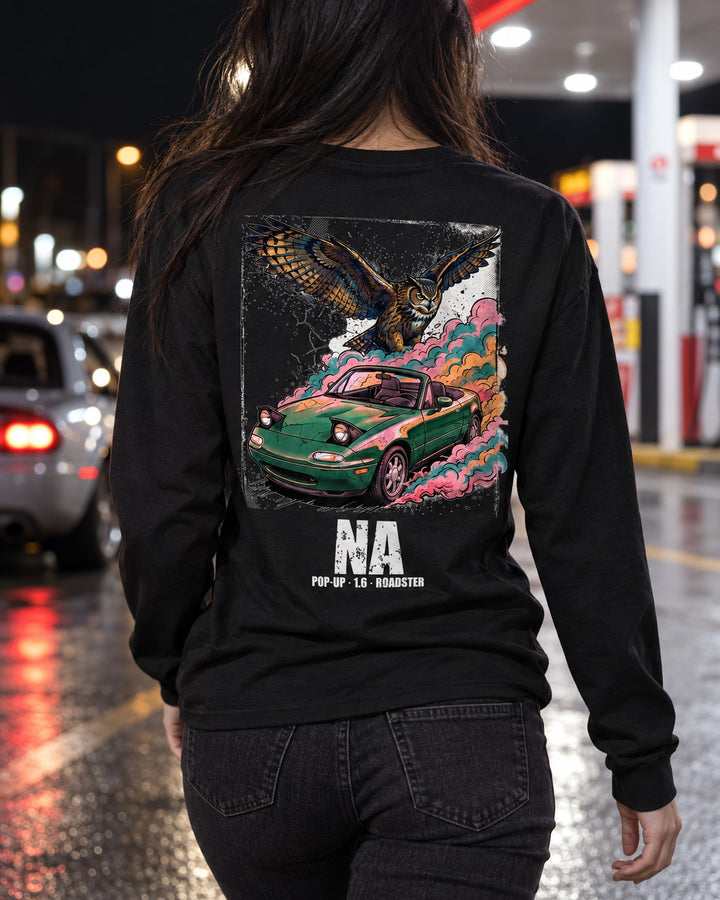 Mazda MX-5 Miata Owl Long Sleeve T-Shirt worn hero
