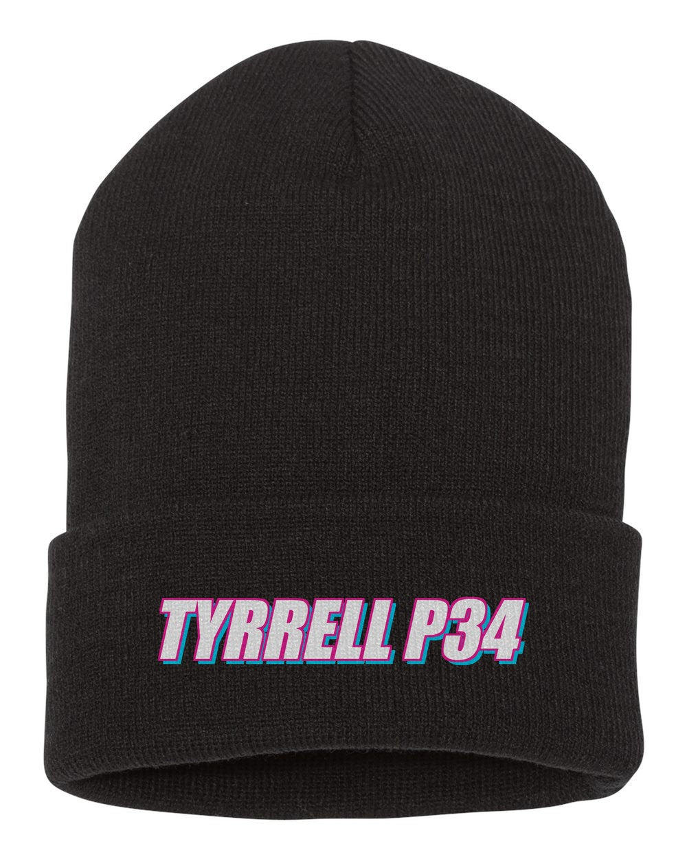 Tyrrell P34 black beanie front view with car name
