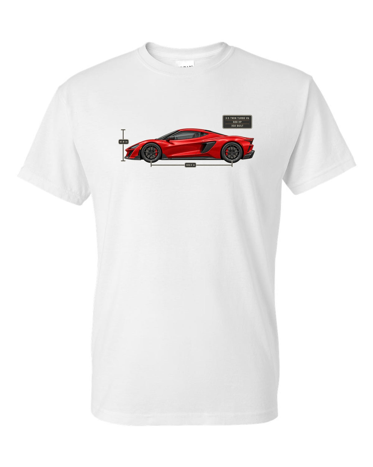Acura NSX NC1 Type S Side Dimension Blueprint Tee, Car Gift white t-shirt front view with the design