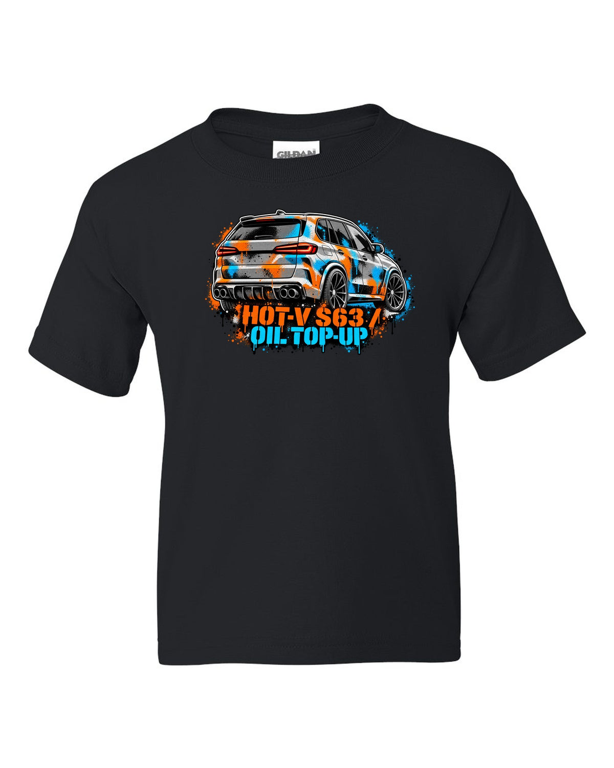 Varsity crest print of a BMW i8 I12 with silent electric range lettering black kids tee front view with the design