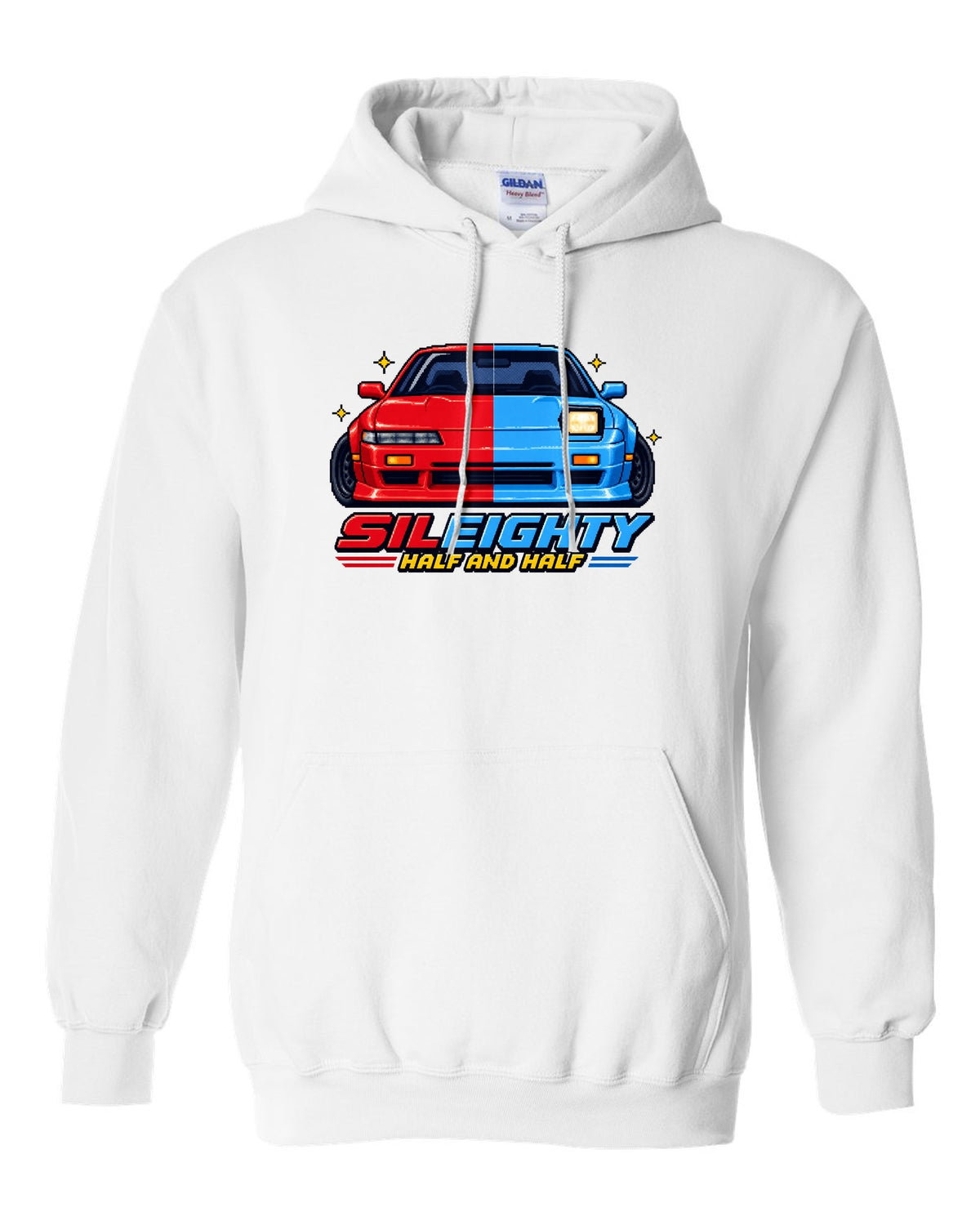 16-bit pixel art print of a Nissan Sileighty 180SX and Silvia S13 hybrid with Half and Half lettering white pull over hoodie front view with the design