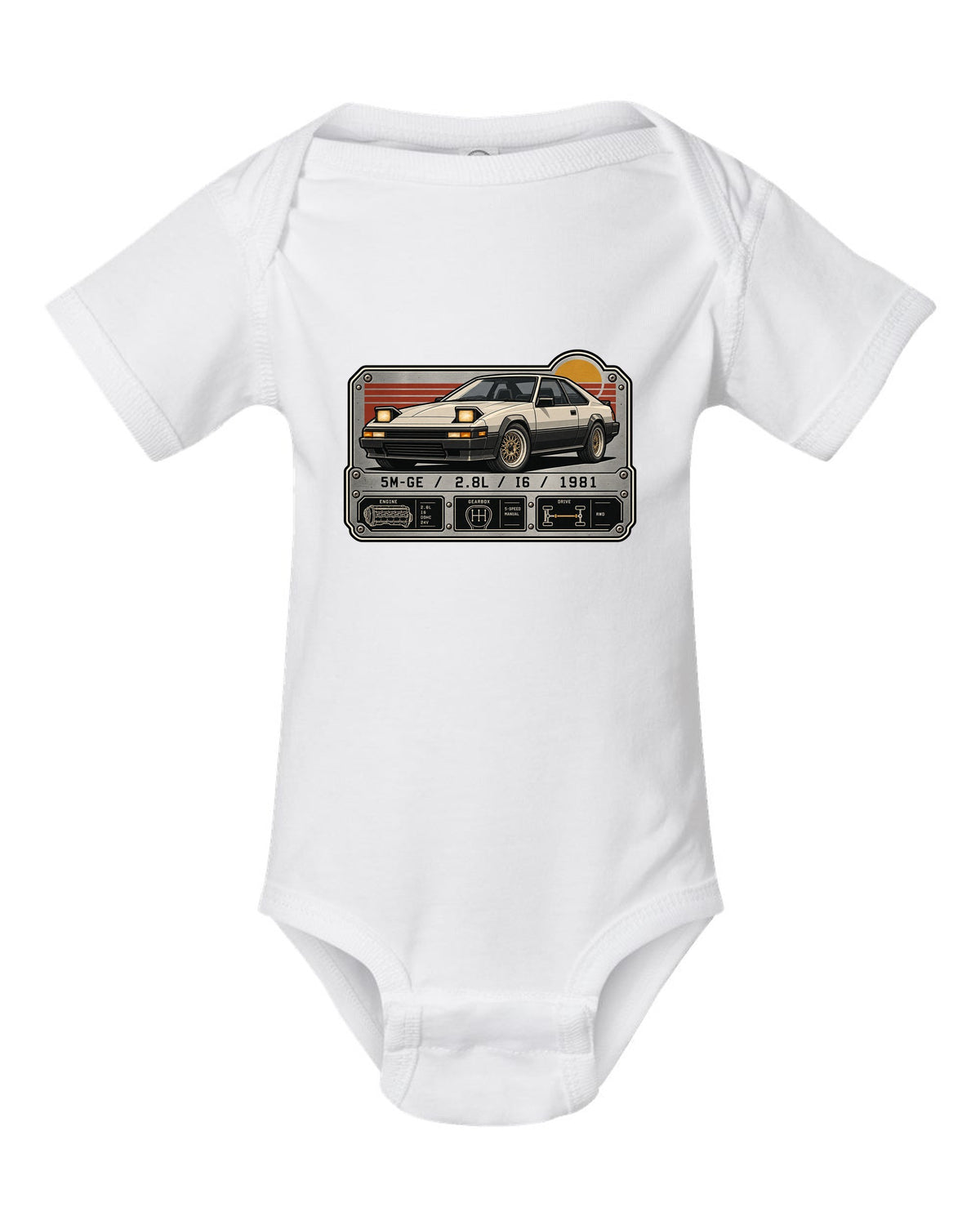 Spec-sheet data plate for the Toyota Supra A60 MA61 5M-GE 2.8L inline six white baby onesie front view with the design