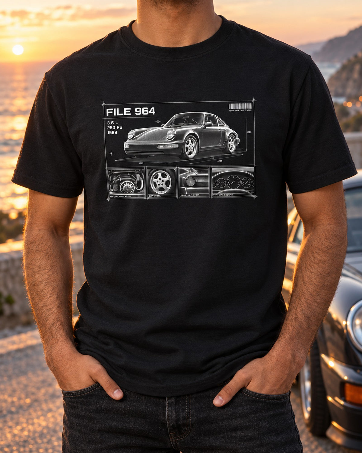 Porsche 911 964 Carrera 2 Dossier Panels Shirt T-Shirt Black worn hero