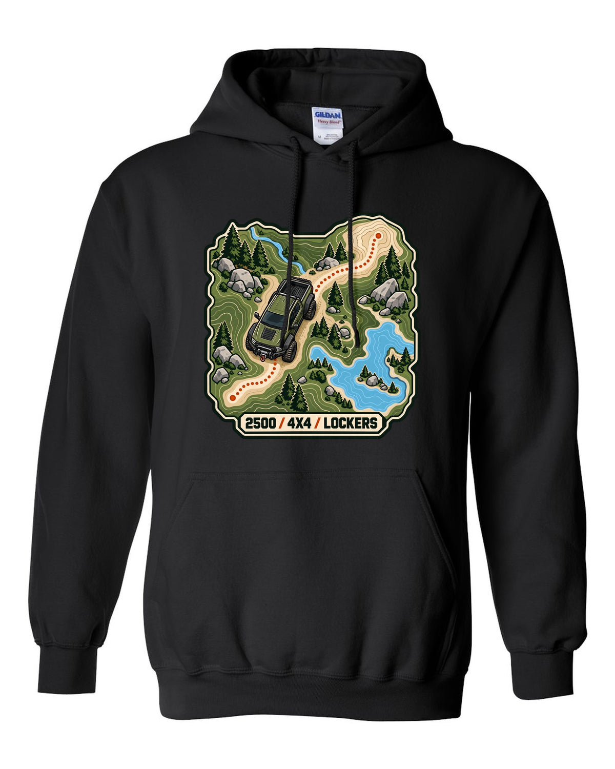 Topographic route map line art print of a Ram Power Wagon 2500 with 4x4 lockers text black pull over hoodie front view with the design