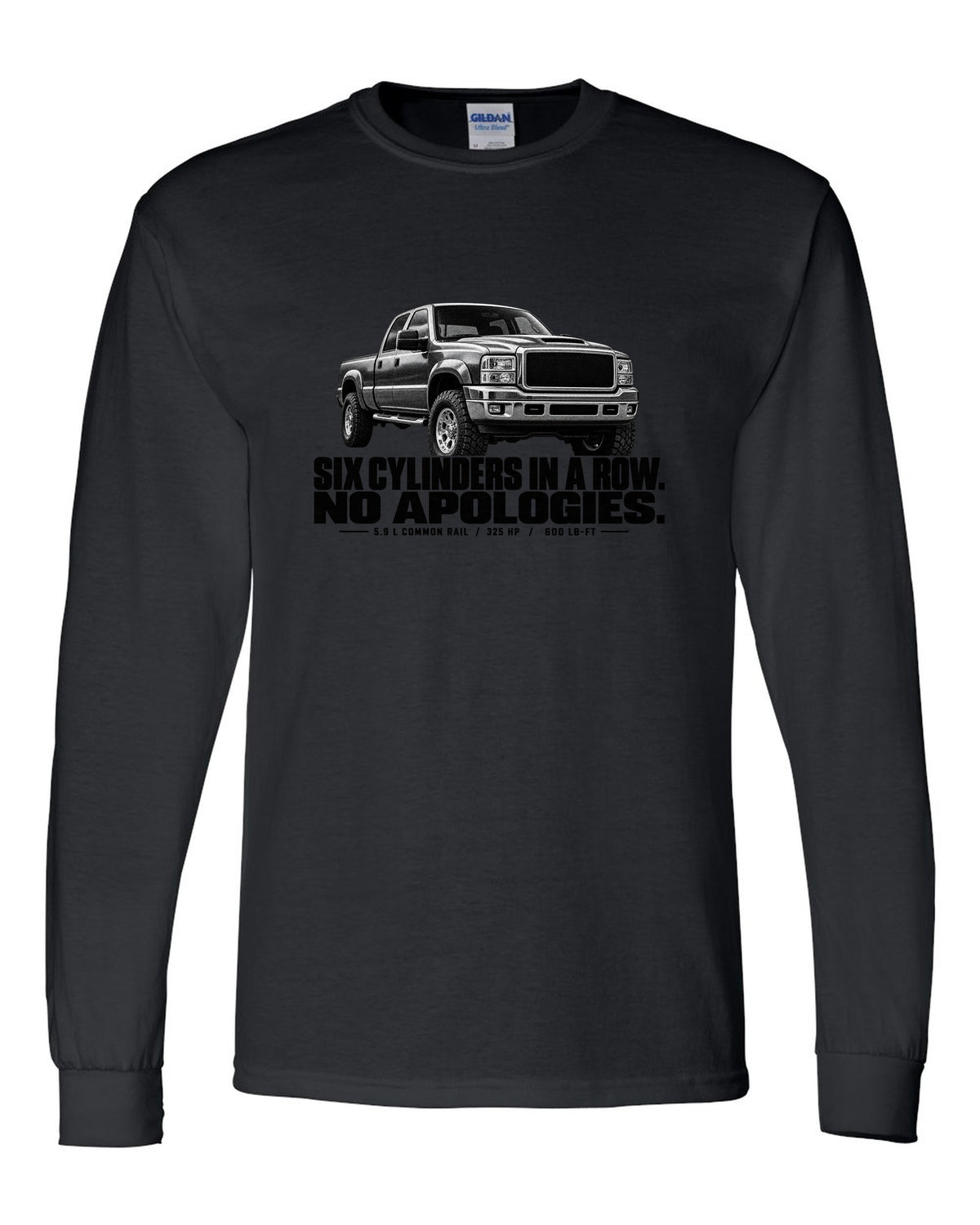 Halftone print of a 2003-09 Dodge Ram 2500 3rd gen in a front three-quarter view black long sleeve front view with the design