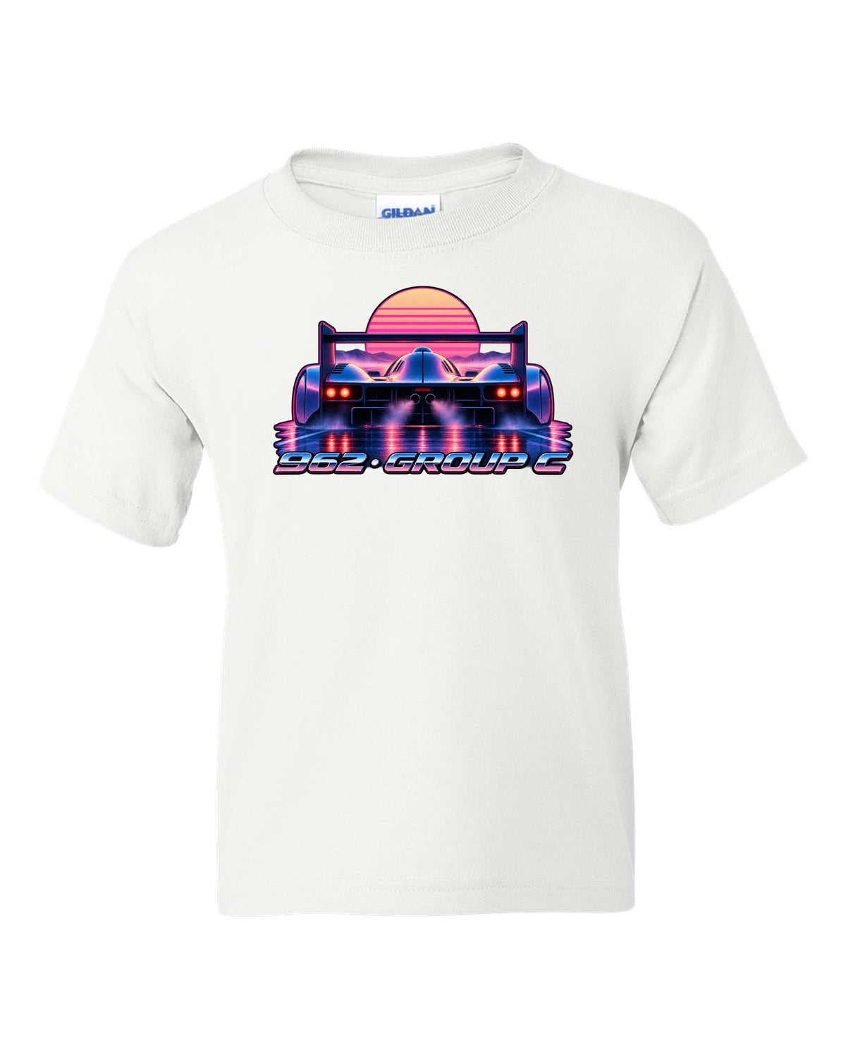 Synthwave gradient print of a Porsche 962 Group C long tail in dawn mist white kids tee front view with the design