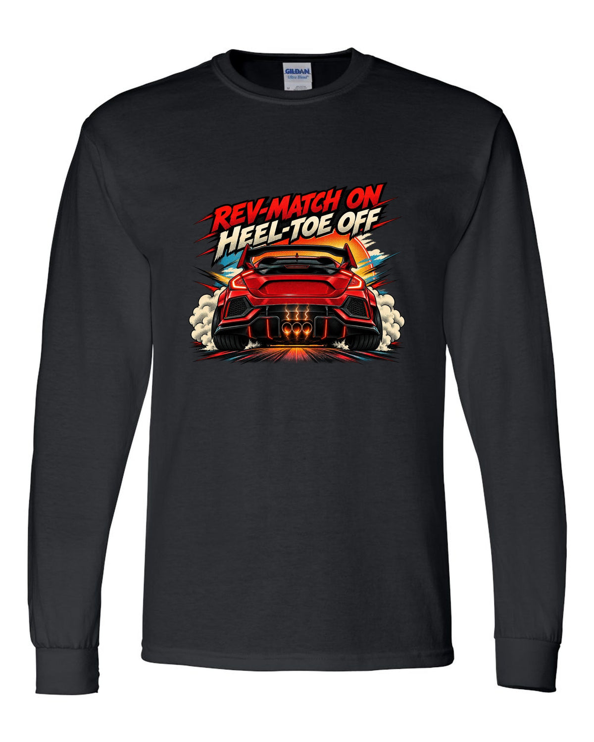 Halftone comic style Honda Civic Type R FK8 print with rev-match joke black long sleeve front view with the design