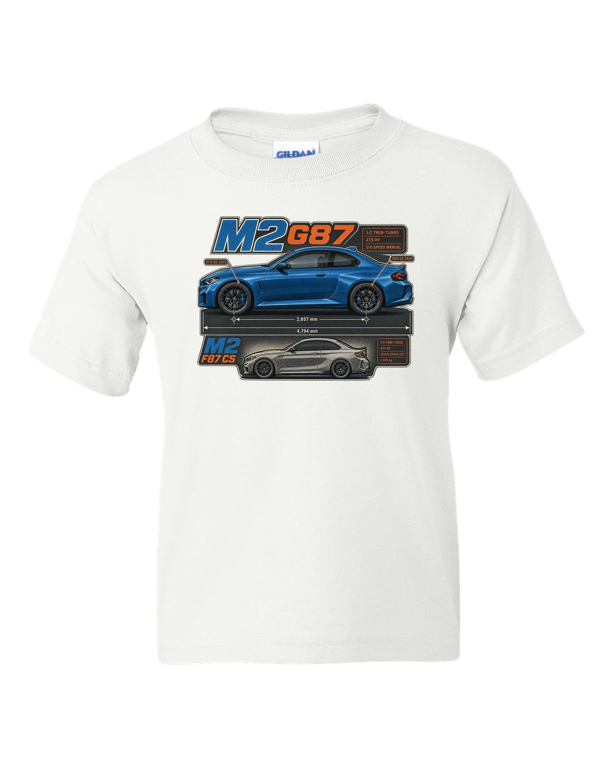BMW M4 G82 coupe dimension blueprint print with 473 hp and six-speed manual white kids tee front view with the design