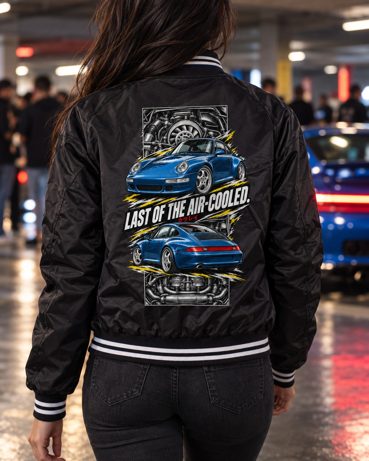 Porsche 911 993 Torn Poster Full-Back Graphic Tee Bomber Jacket Black worn hero