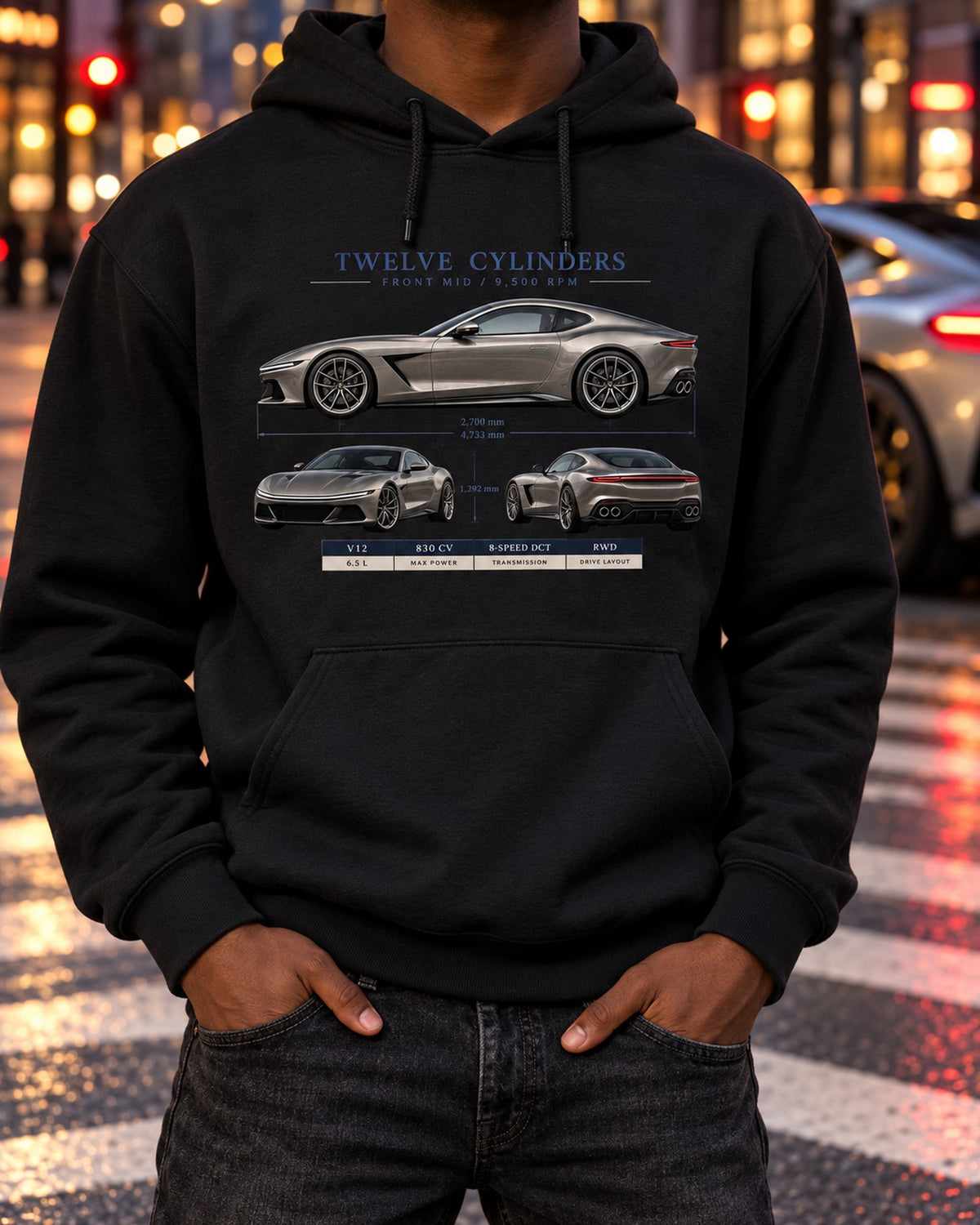 Ferrari 12Cilindri Three-View Spec Sheet Shirt, Car Guy Gift Pull Over Hoodie Black worn hero
