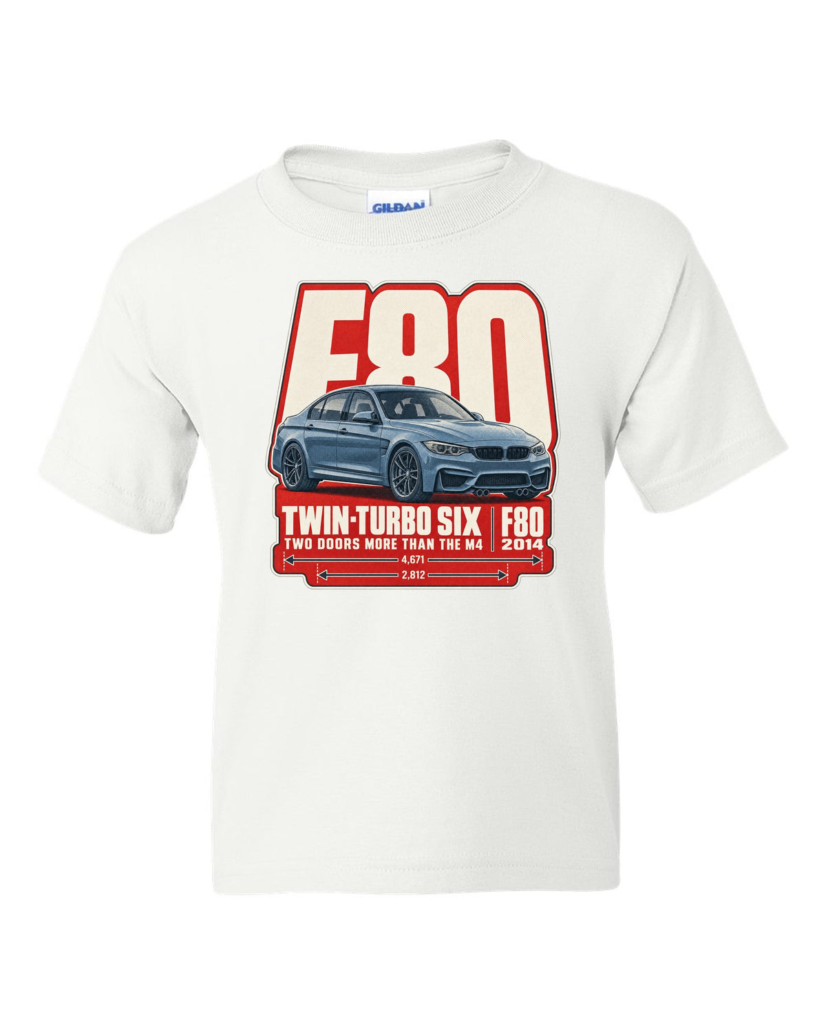 BMW M3 F80 halftone dot statement print white kids tee front view with the design