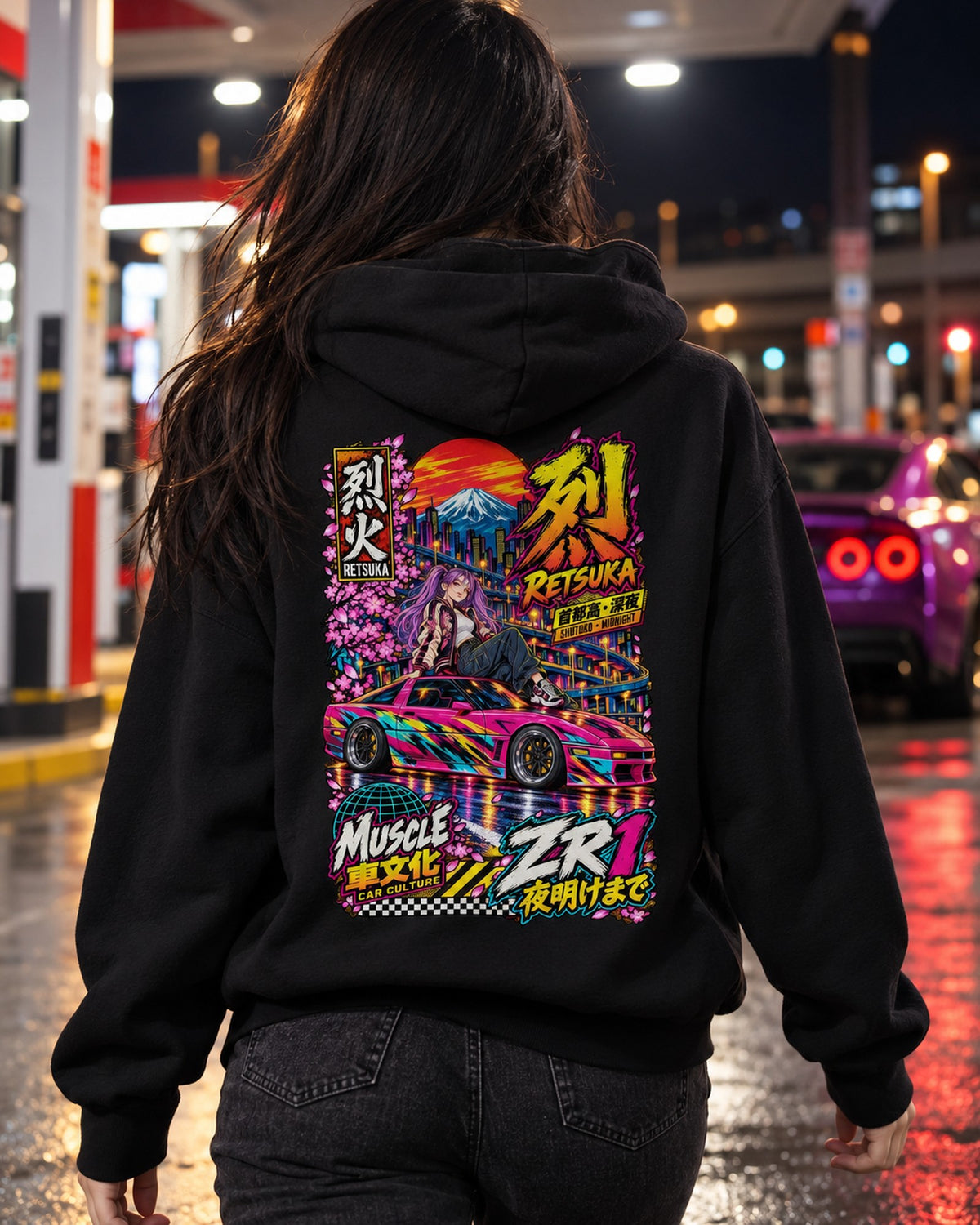 RETSUKA ZR1 Anime Girl Full-Back Graphic Tee Pull Over Hoodie Black worn hero