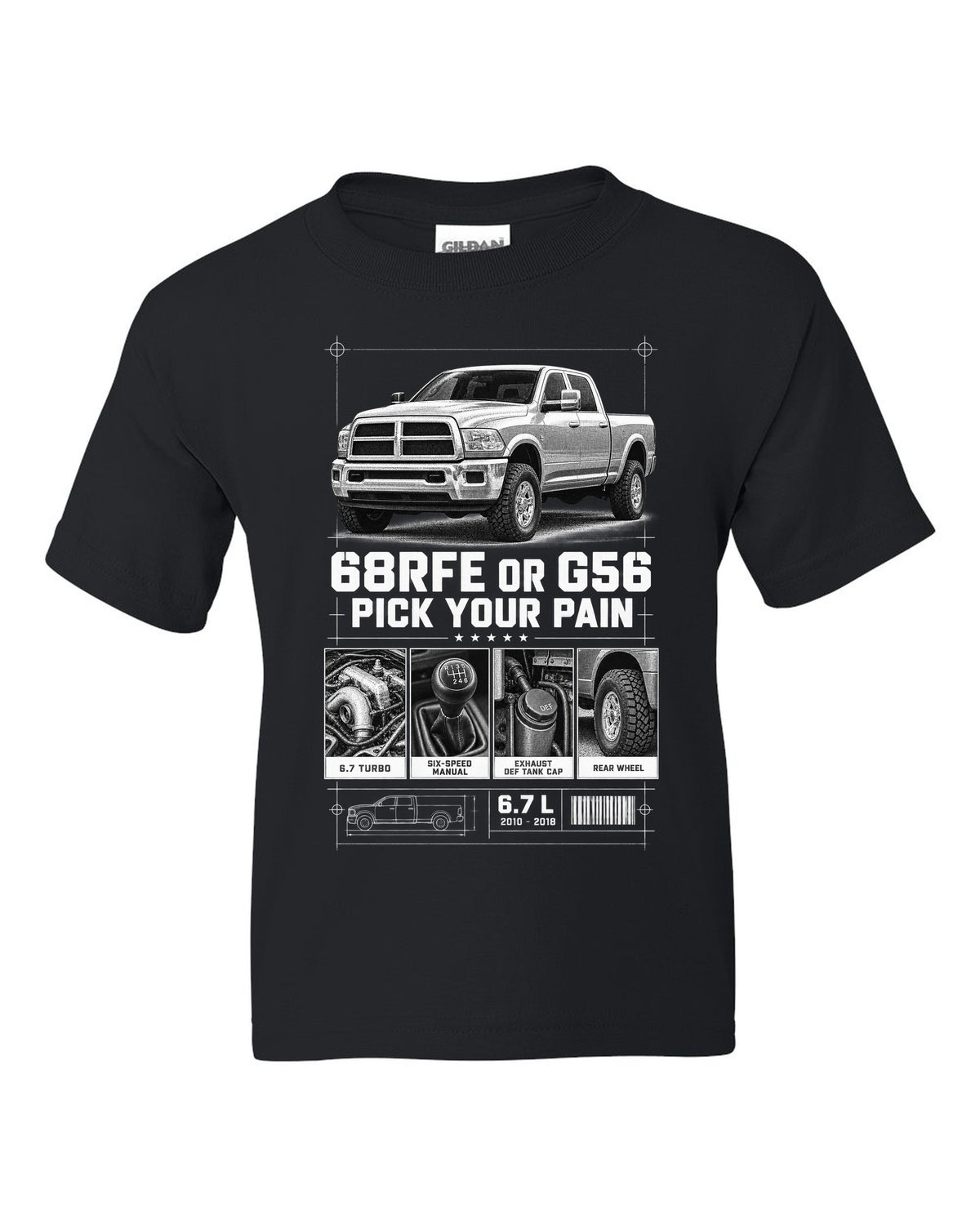 Dossier panels of a 2010-2018 Ram 3500 4th gen 6.7 with the text 68RFE or G56, pick your pain black kids tee front view with the design