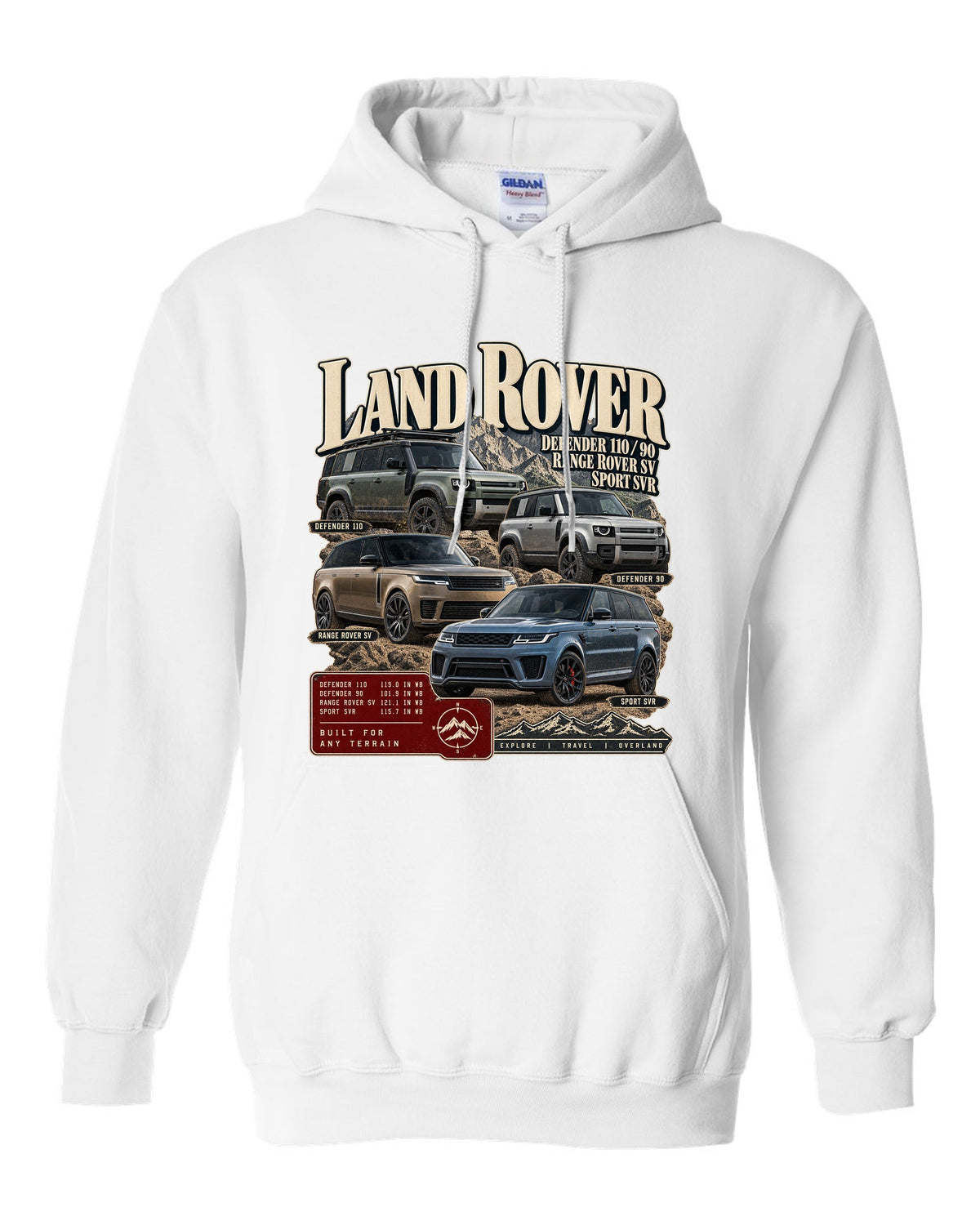 Archive panel print of the Jeep Grand Cherokee Trackhawk WK2 with 0-60 time white pull over hoodie front view with the design