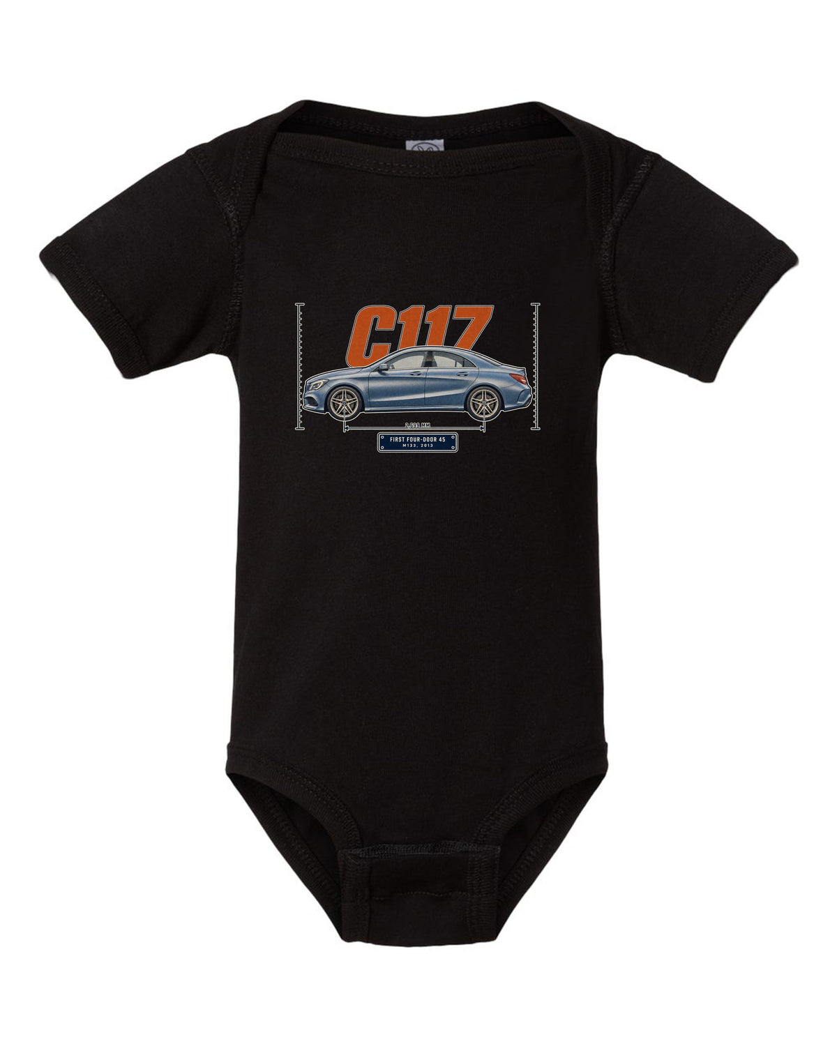 Mercedes-AMG CLA 45 C117 sedan halftone print black baby onesie front view with the design