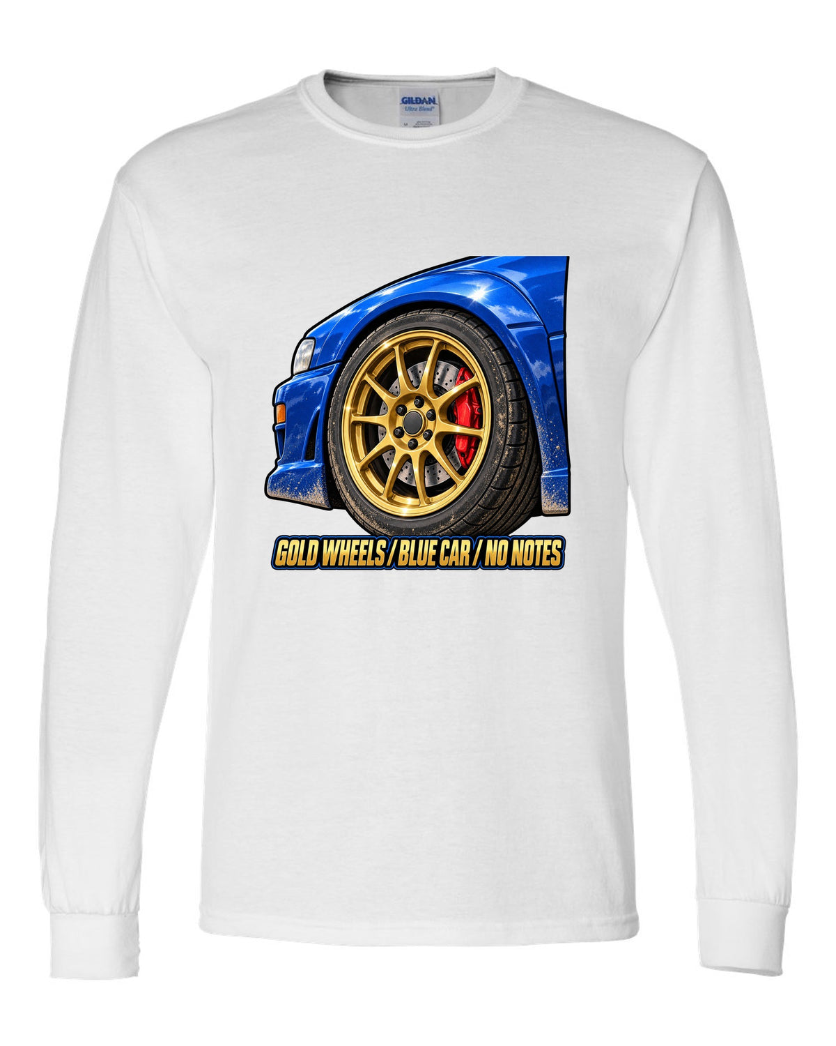Subaru Impreza WRX GC8 painterly gold wheel close-up on a blue car, GOLD WHEELS / BLUE CAR / NO NOTES white long sleeve front view with the design
