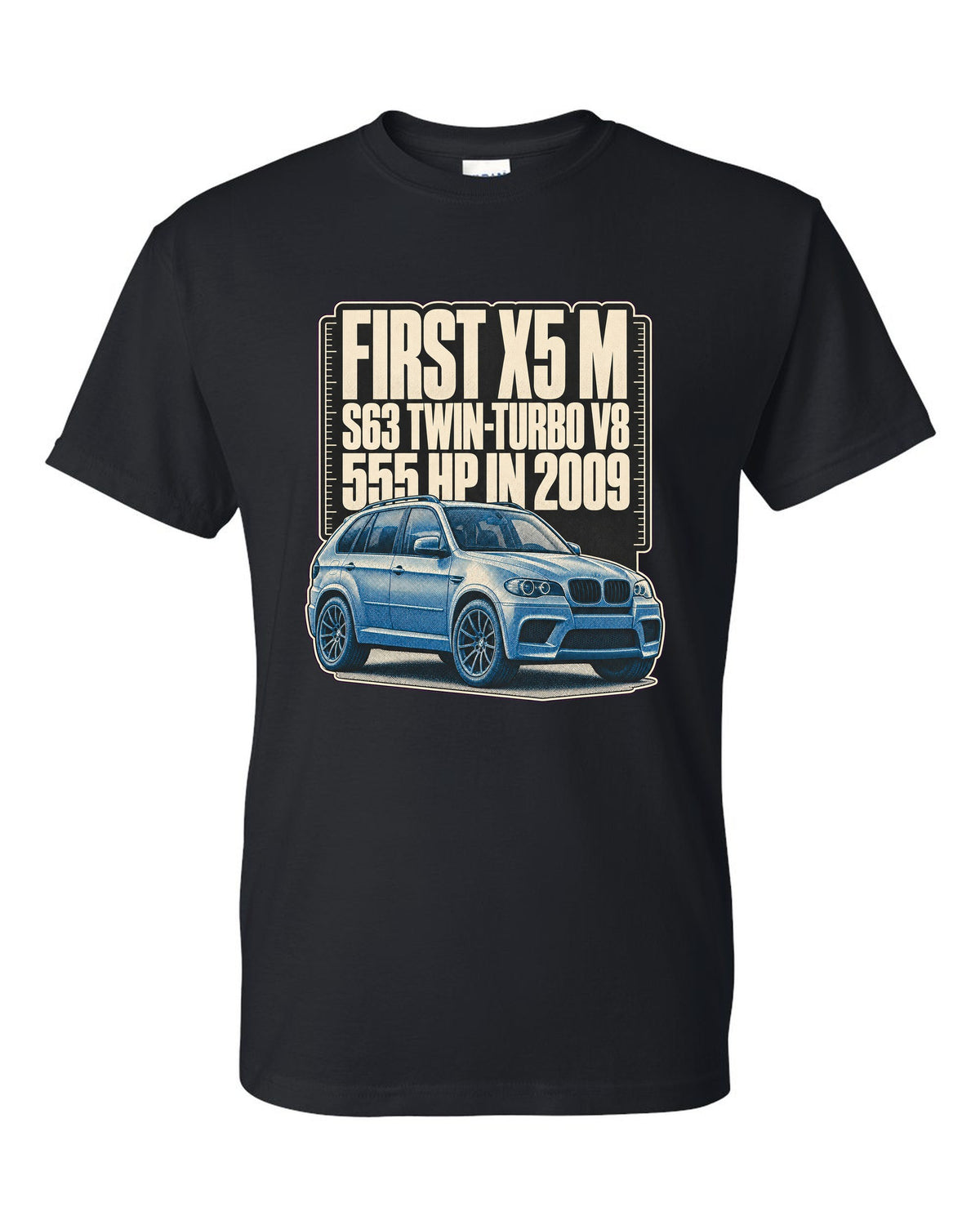 BMW X5 M E70 halftone print on a tee black t-shirt front view with the design