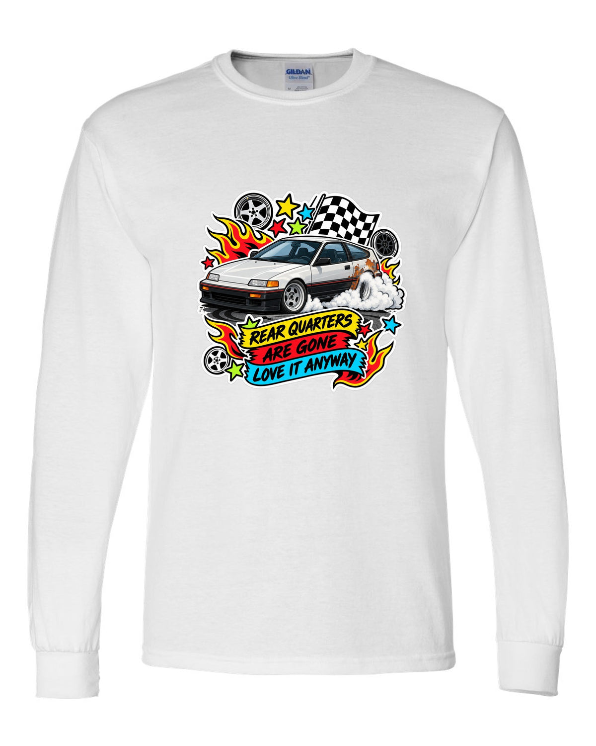 Sticker-bomb collage Honda CRX EF8 print with rusted rear quarters joke white long sleeve front view with the design