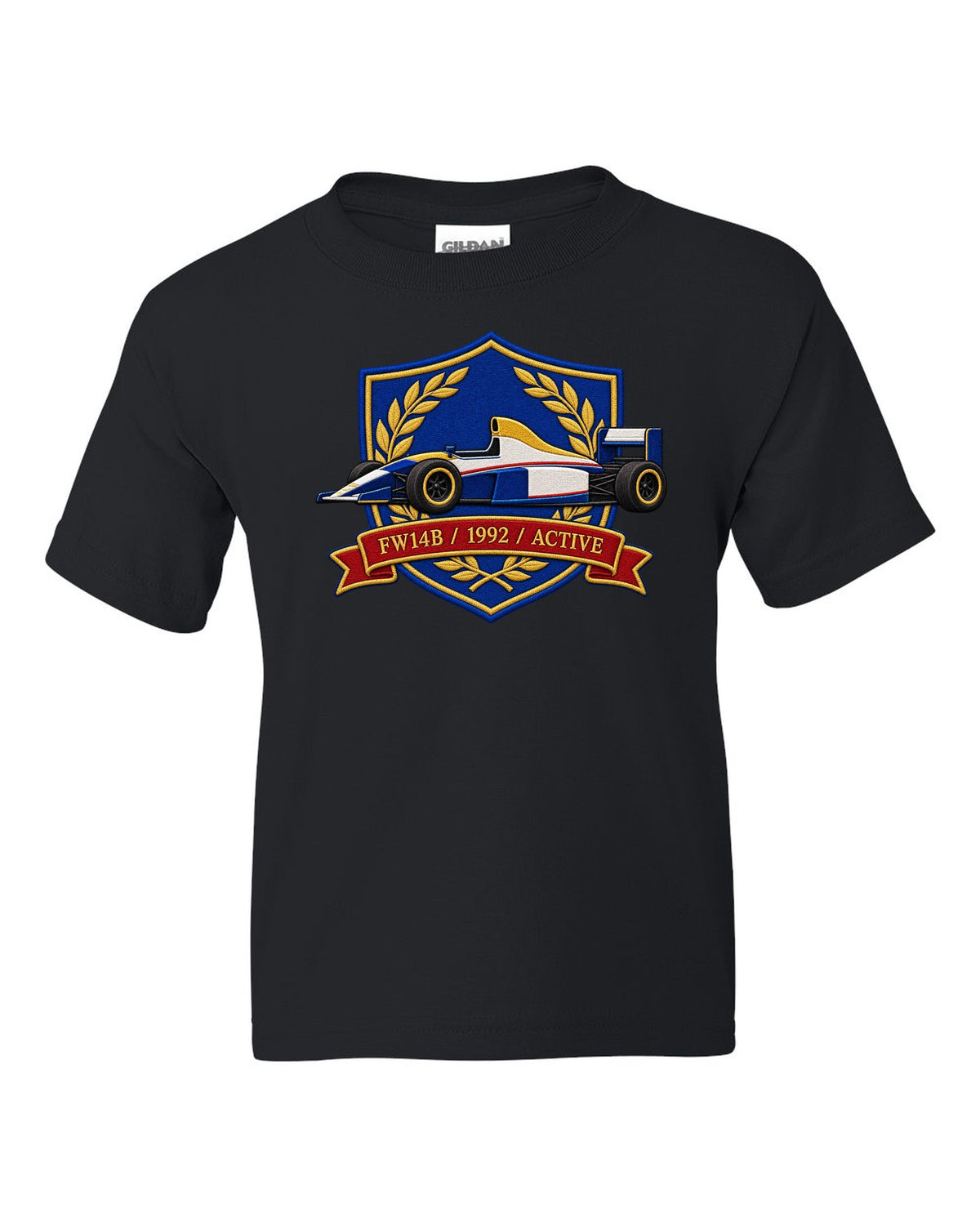 Varsity crest style Williams FW14B Formula 1 car with 1992 ACTIVE lettering black kids tee front view with the design