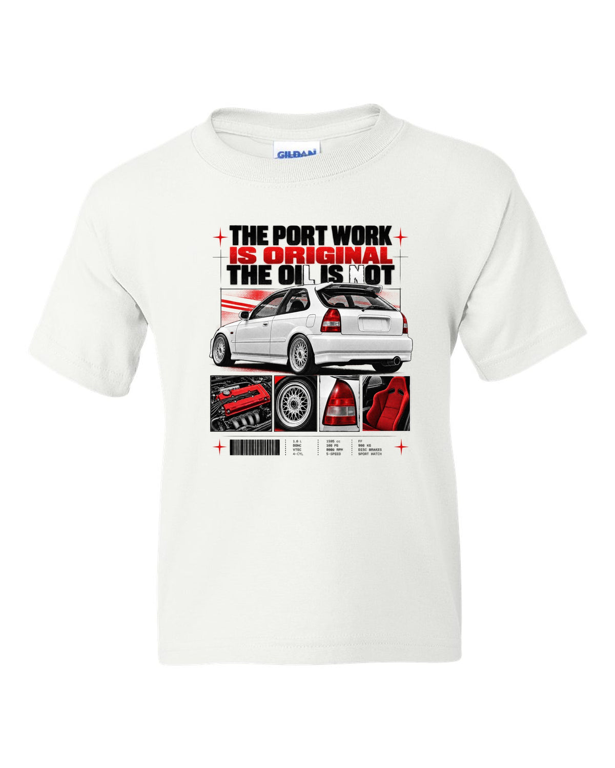 Dossier panel print of a 1998 Honda Civic EK9 chback with port work text white kids tee front view with the design