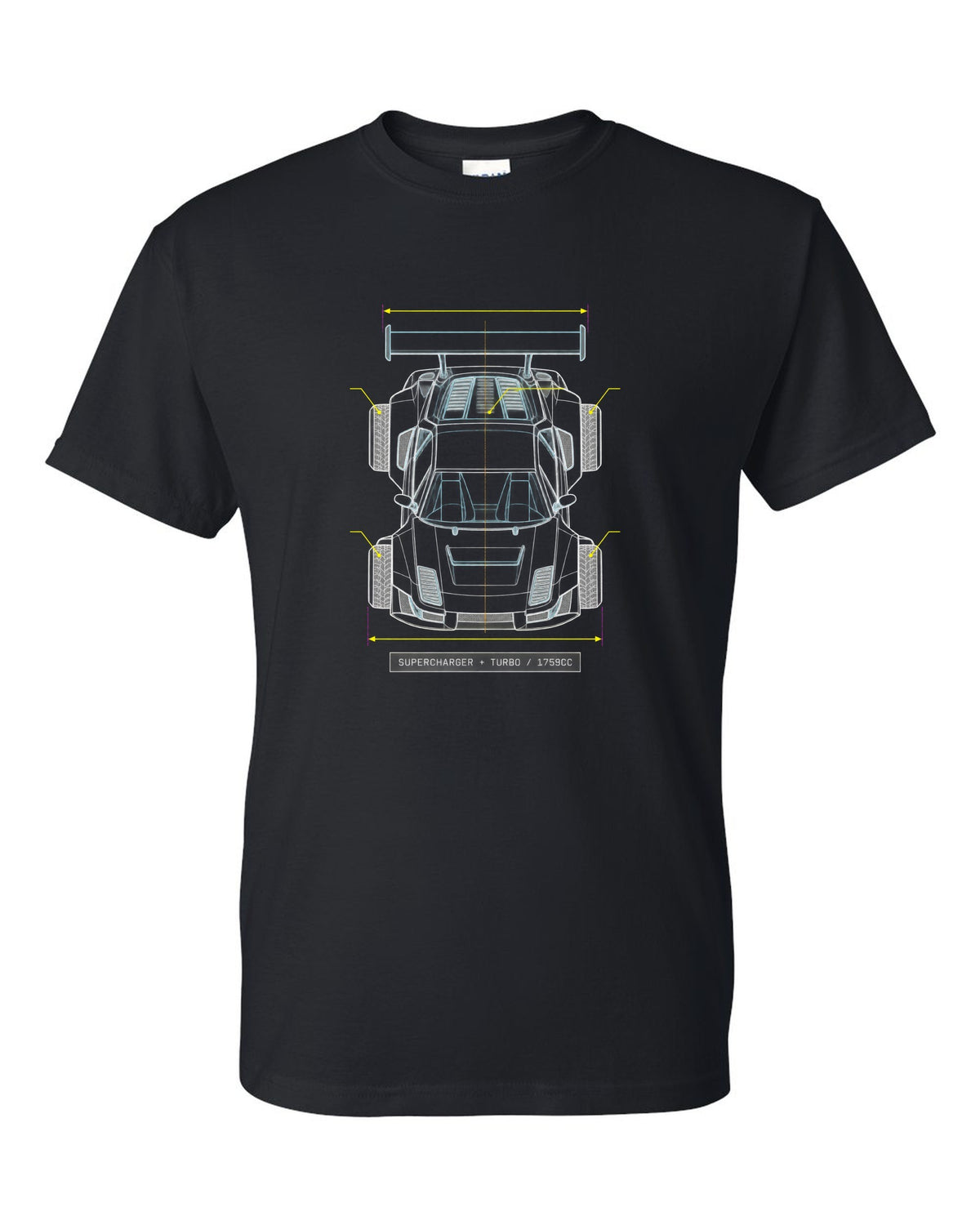 Overhead blueprint line drawing of a Lancia Delta S4 with supercharger and turbo caption black t-shirt front view with the design