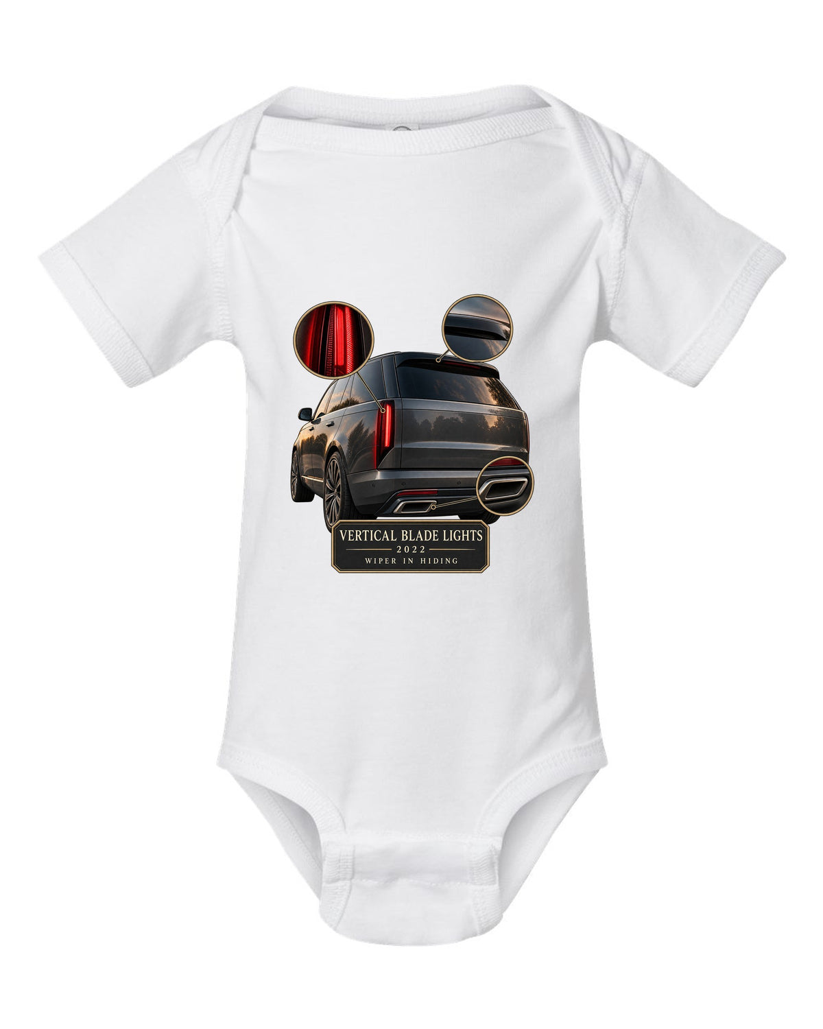 Taillight macro print of the Range Rover L460 with vertical blade lights white baby onesie front view with the design