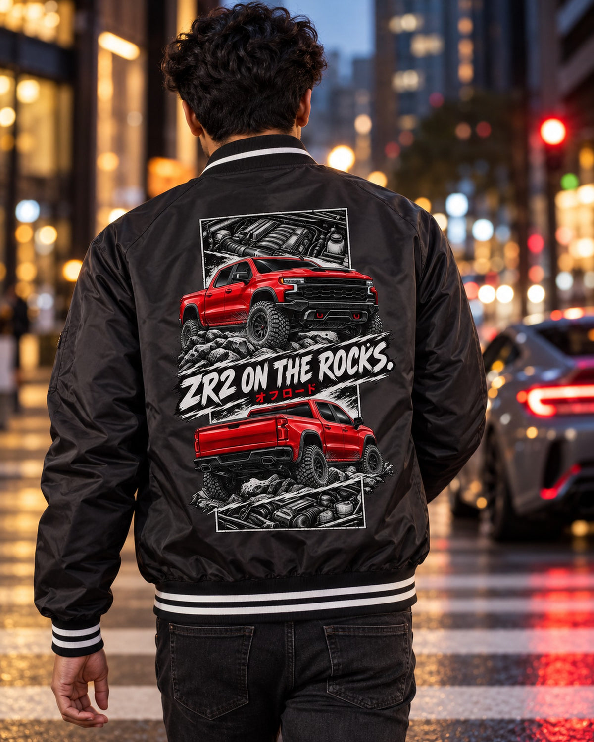 Chevy Silverado Zr2 Torn Poster Full-Back Graphic Tee Bomber Jacket Black worn hero