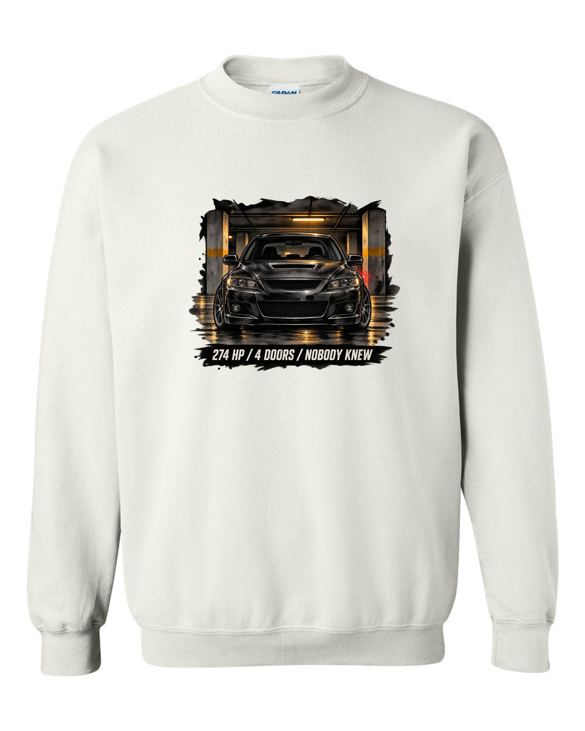 Noir ink wash illustration of a Mazdaspeed6 GG in a garage with 274 HP / 4 DOORS lettering white crewneck front view with the design