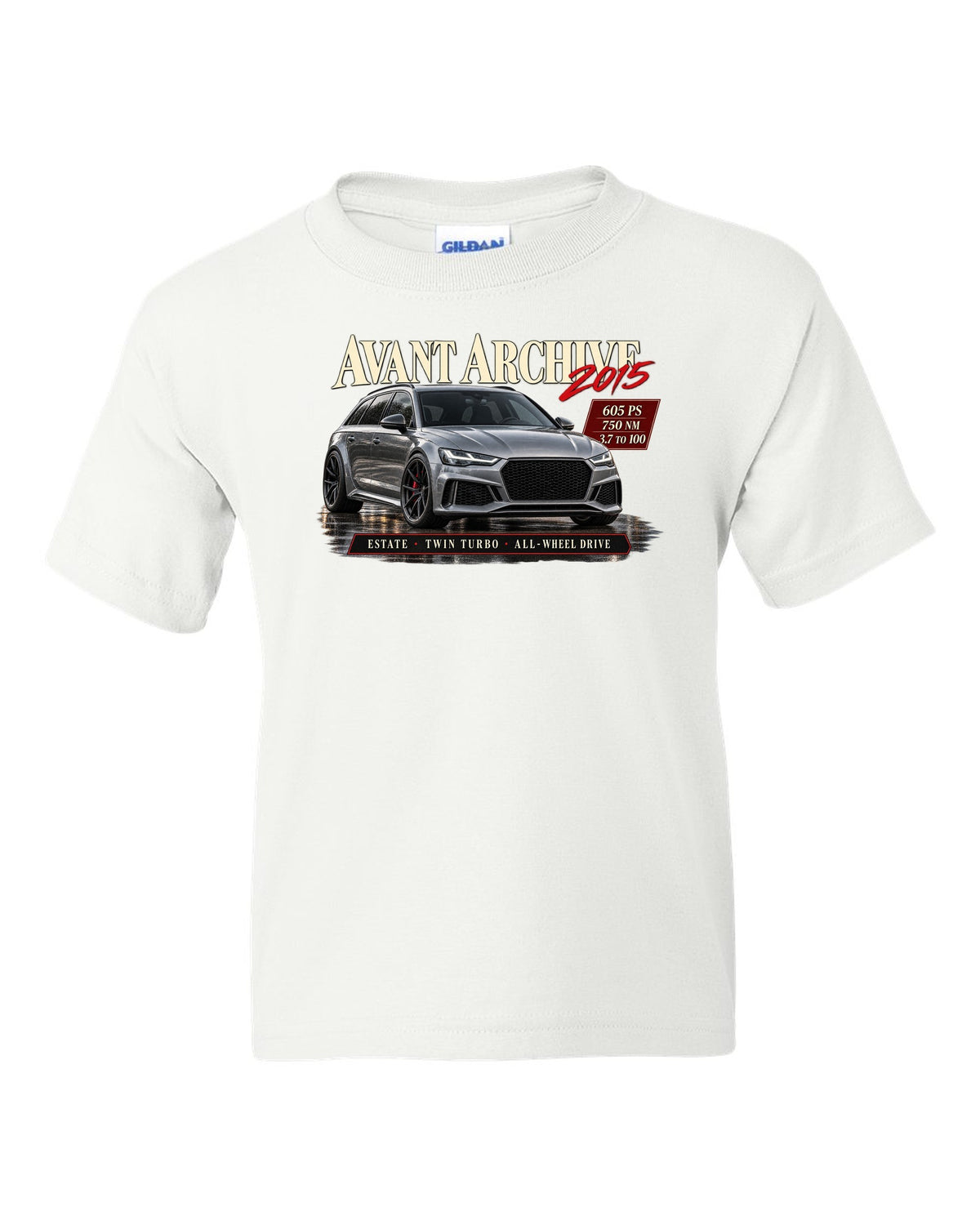 Audi RS6 Avant C7 Performance front three-quarter in an archive panel with 605 PS spec text white kids tee front view with the design