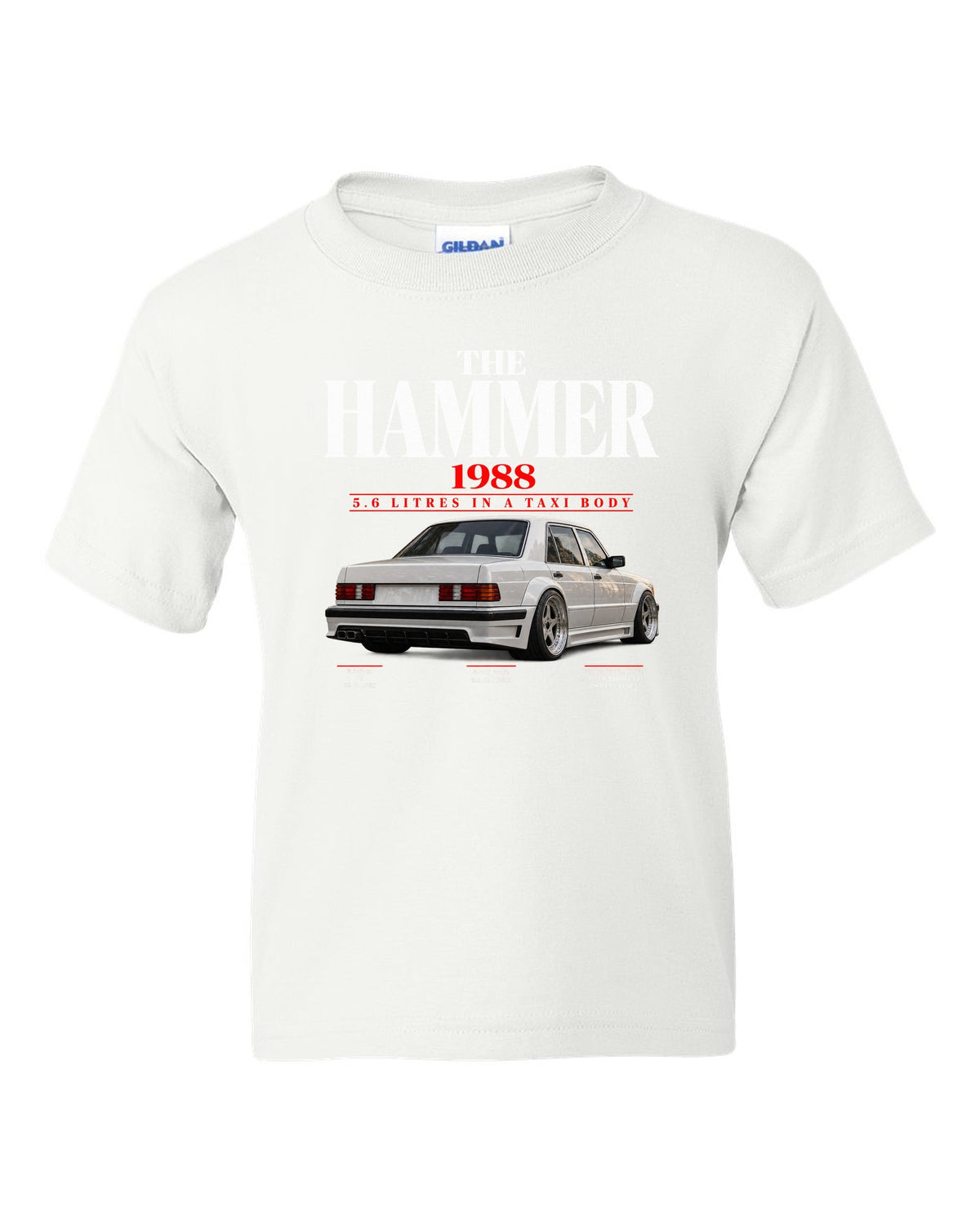 Mercedes 300E 5.6 AMG Hammer W124 editorial print with 1988 headline white kids tee front view with the design
