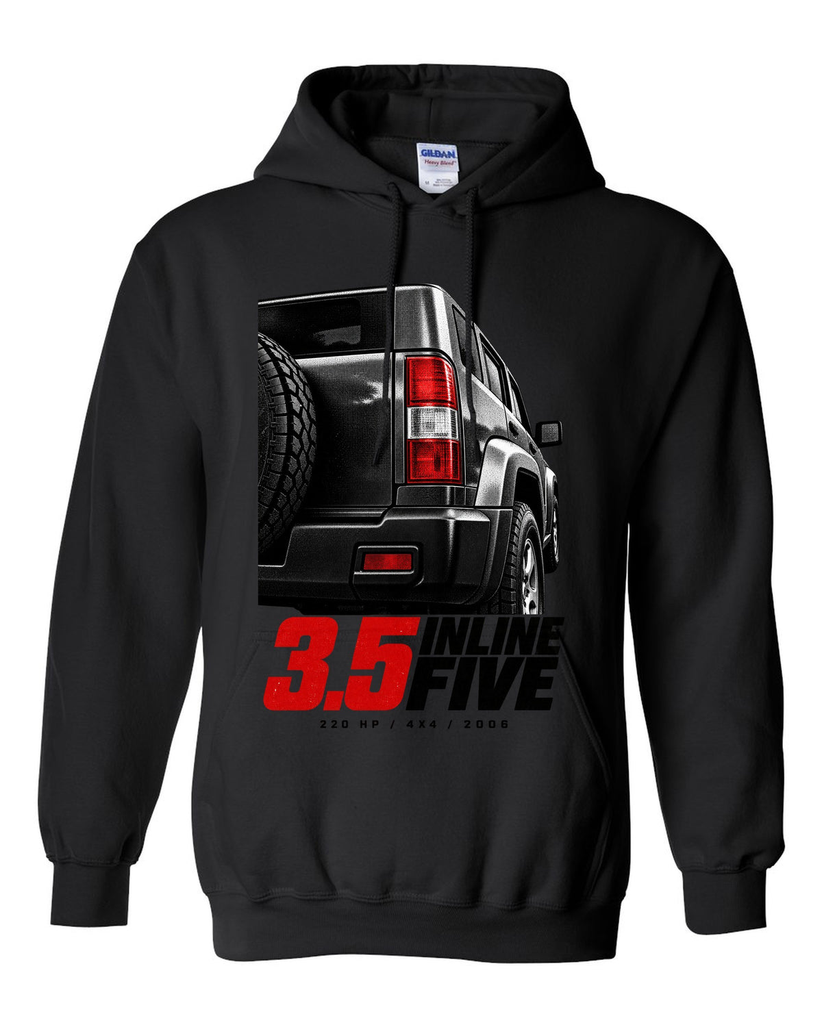 Macro print of a 2006-10 Hummer H3 taillight with engine lettering black pull over hoodie front view with the design