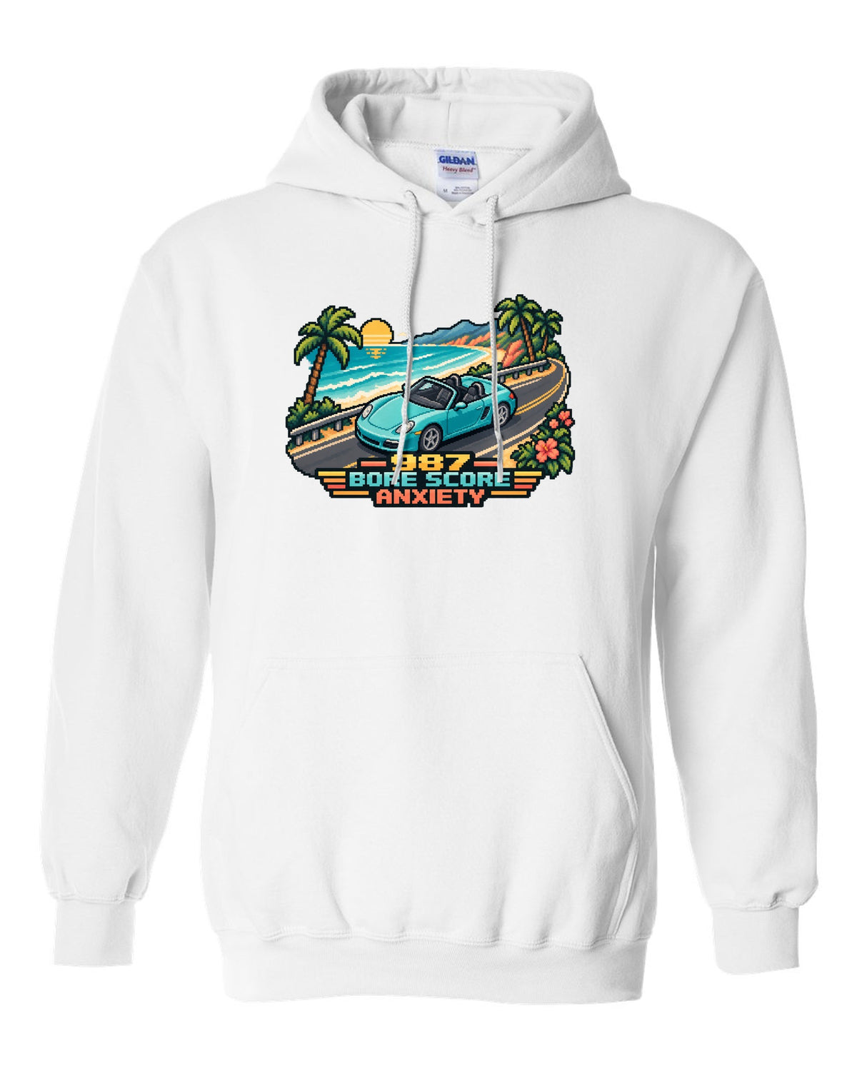 Porsche Boxster 987 isometric pixel art roadster with bore score anxiety text white pull over hoodie front view with the design