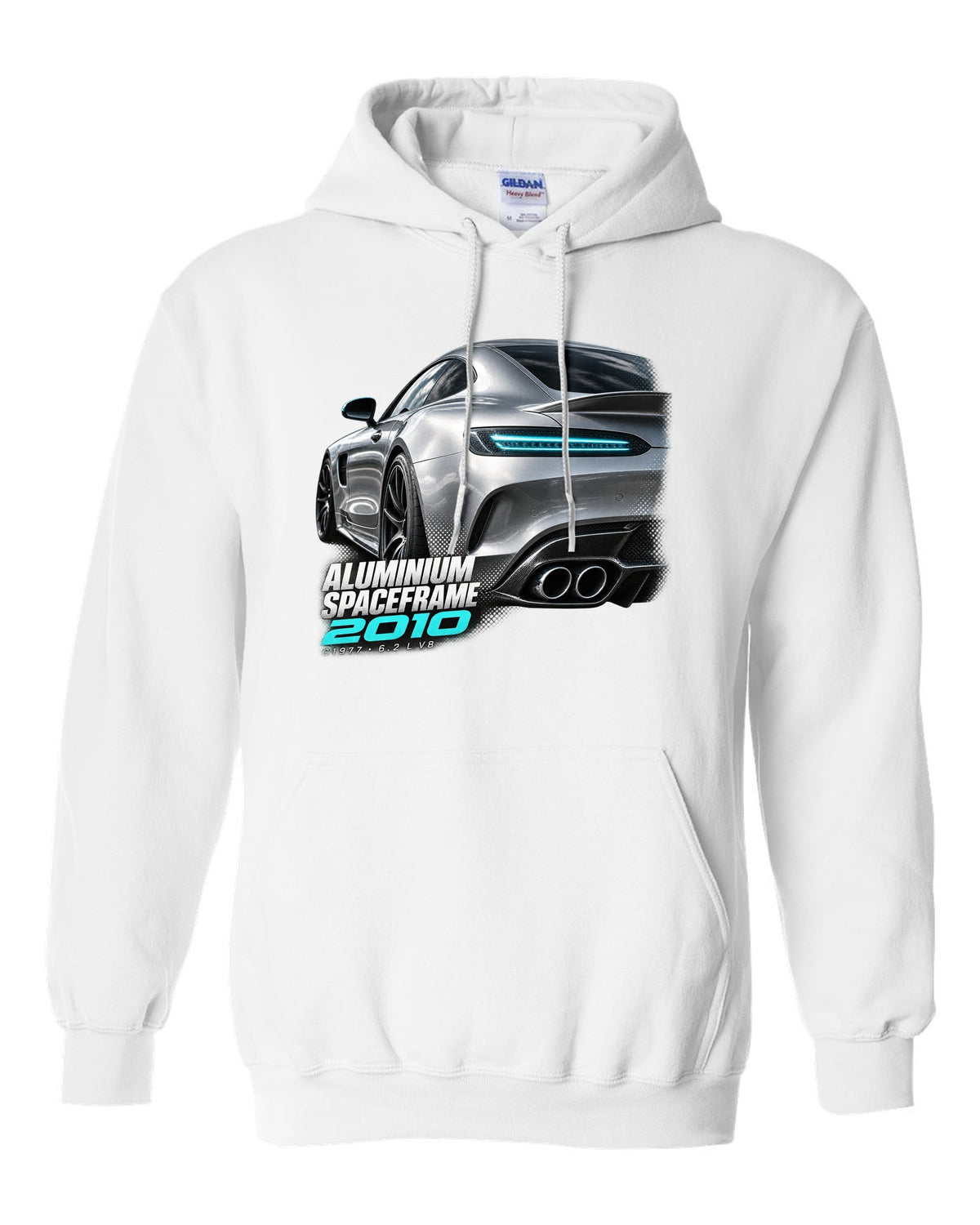 Taillight macro print of a Mercedes SLS AMG C197 with Aluminium Spaceframe 2010 lettering white pull over hoodie front view with the design