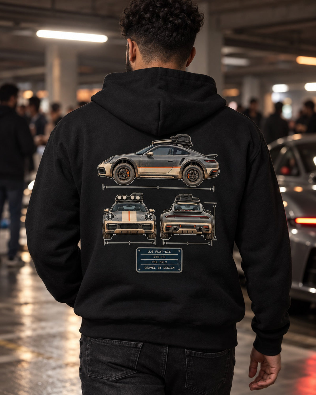 Porsche 911 Dakar Three-View Spec Table Tee, Off-Road 911 Zip Hoodie Black worn hero