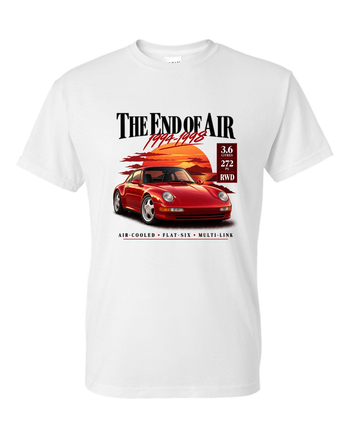 Archive panel print of a Porsche 911 Carrera (993) coupe with the heading The End Of Air and spec list white t-shirt front view with the design