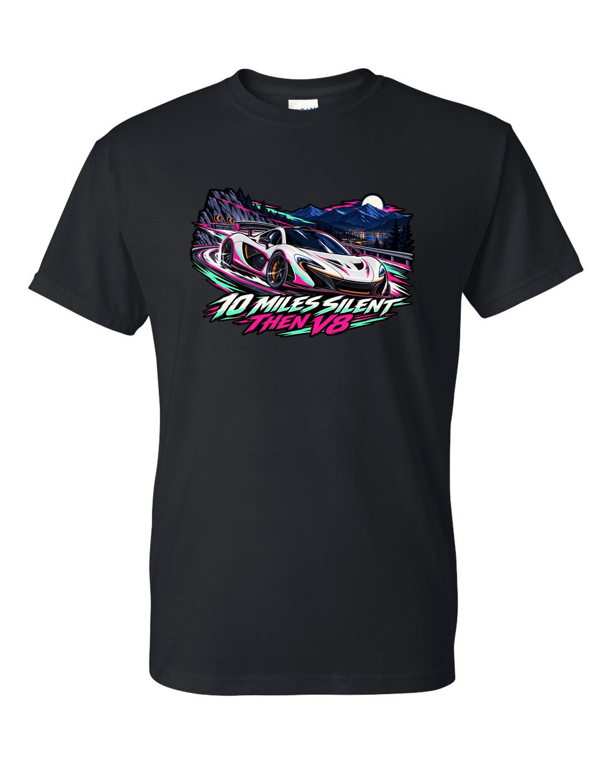 Cel-shaded anime night touge print of a McLaren P1 with 10 Miles Silent Then V8 lettering black t-shirt front view with the design