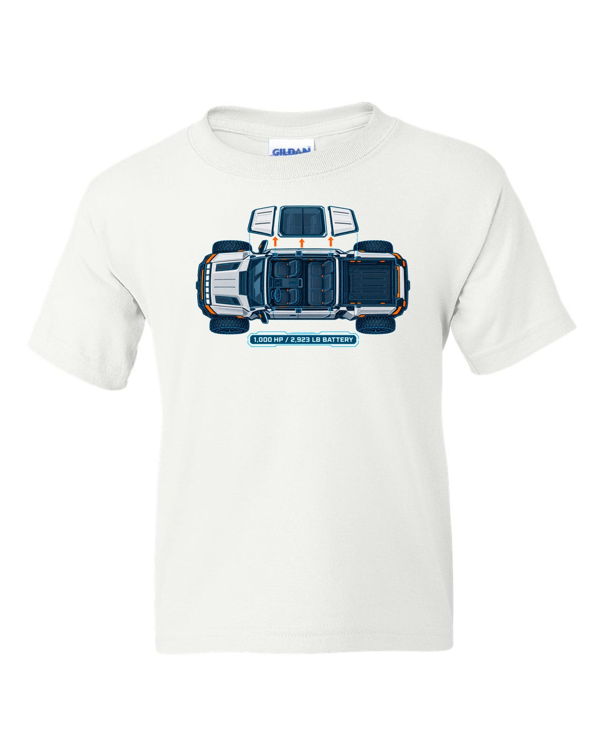 GMC Hummer EV roof panels shown as a white and cyan blueprint with 1,000 HP and battery weight white kids tee front view with the design