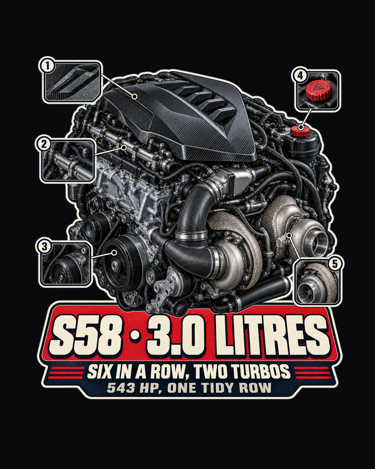 BMW M4 CSL G82 S58 Engine Bay Shirt, Six in a Row design only