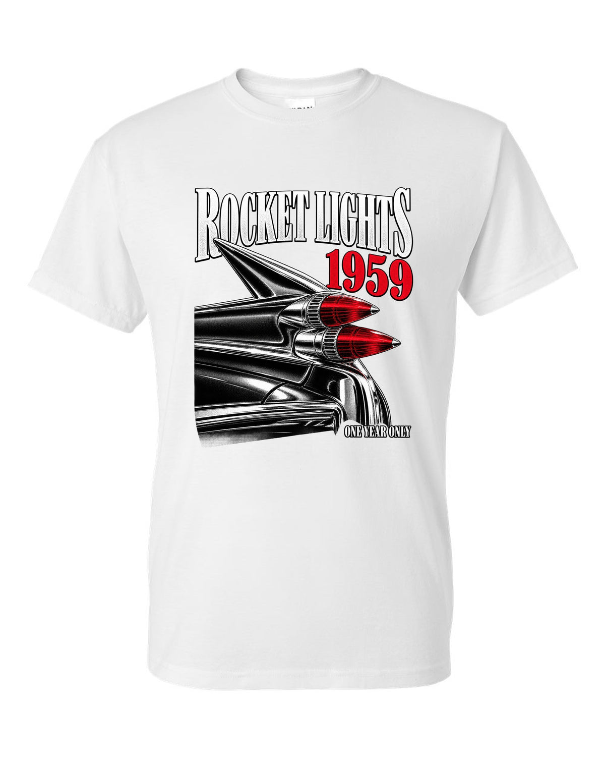 print macro of the rocket taillights on a 1959 Cadillac Series 62 Coupe de Ville white t-shirt front view with the design