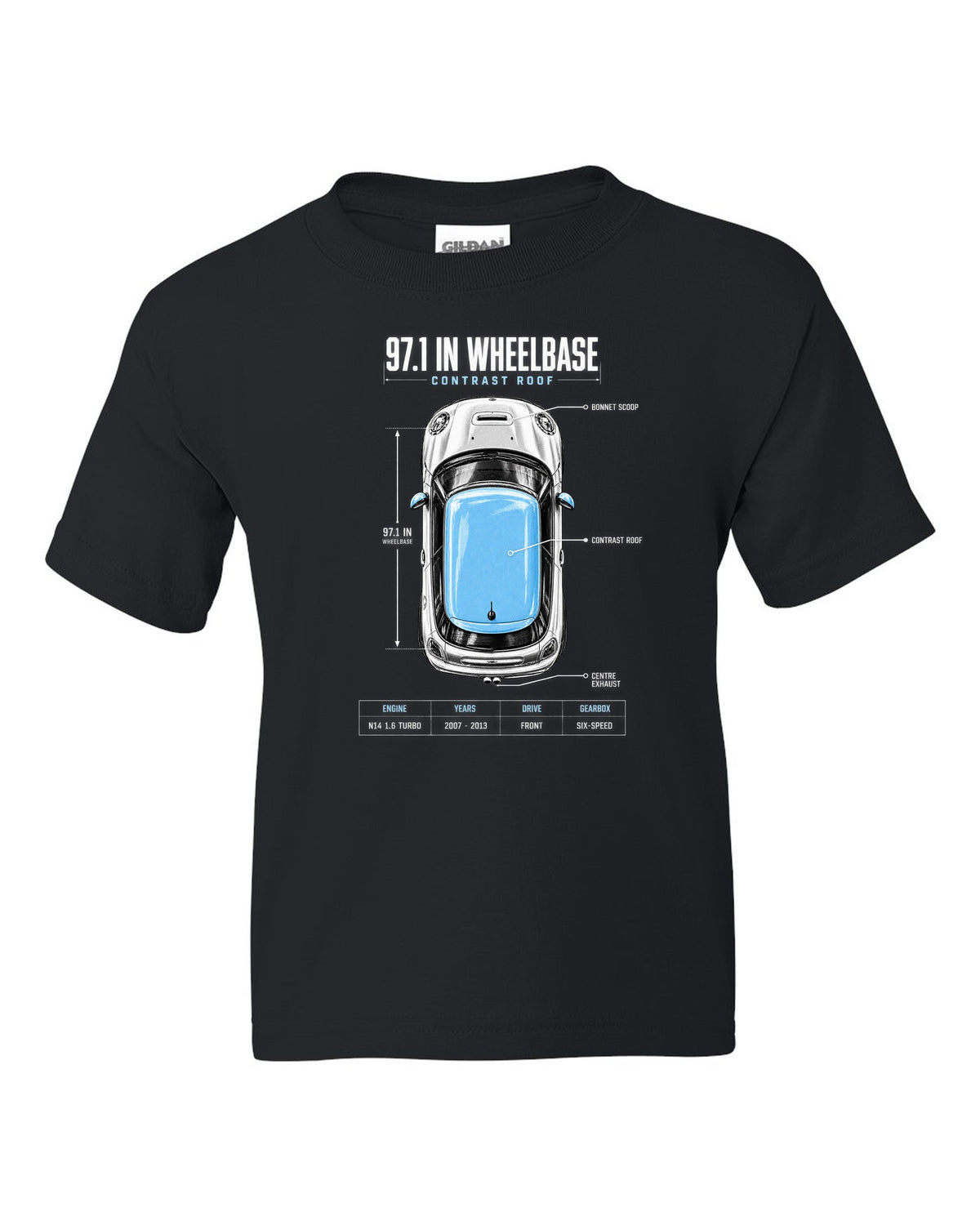 Top-down plan view of a Mini Cooper S R56 on a spec poster print with wheelbase text black kids tee front view with the design