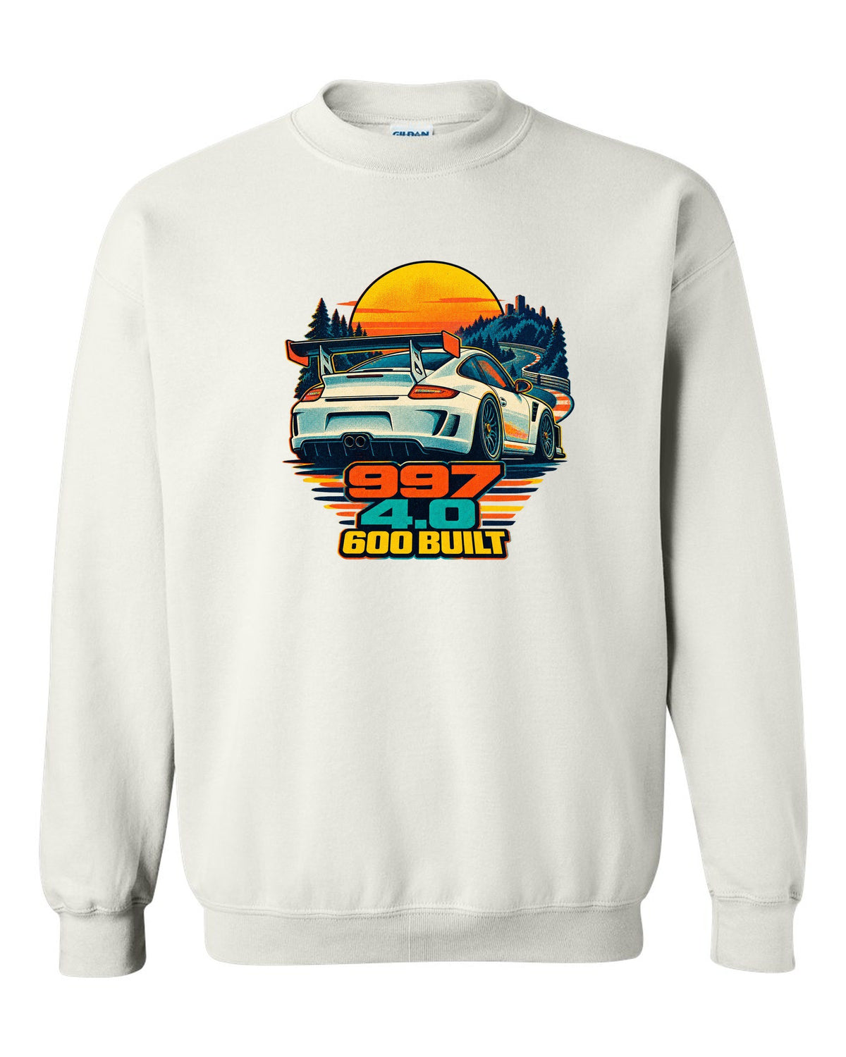 Misregistered risograph print of a Porsche 911 GT3 RS 4.0 997 at sunrise white crewneck front view with the design