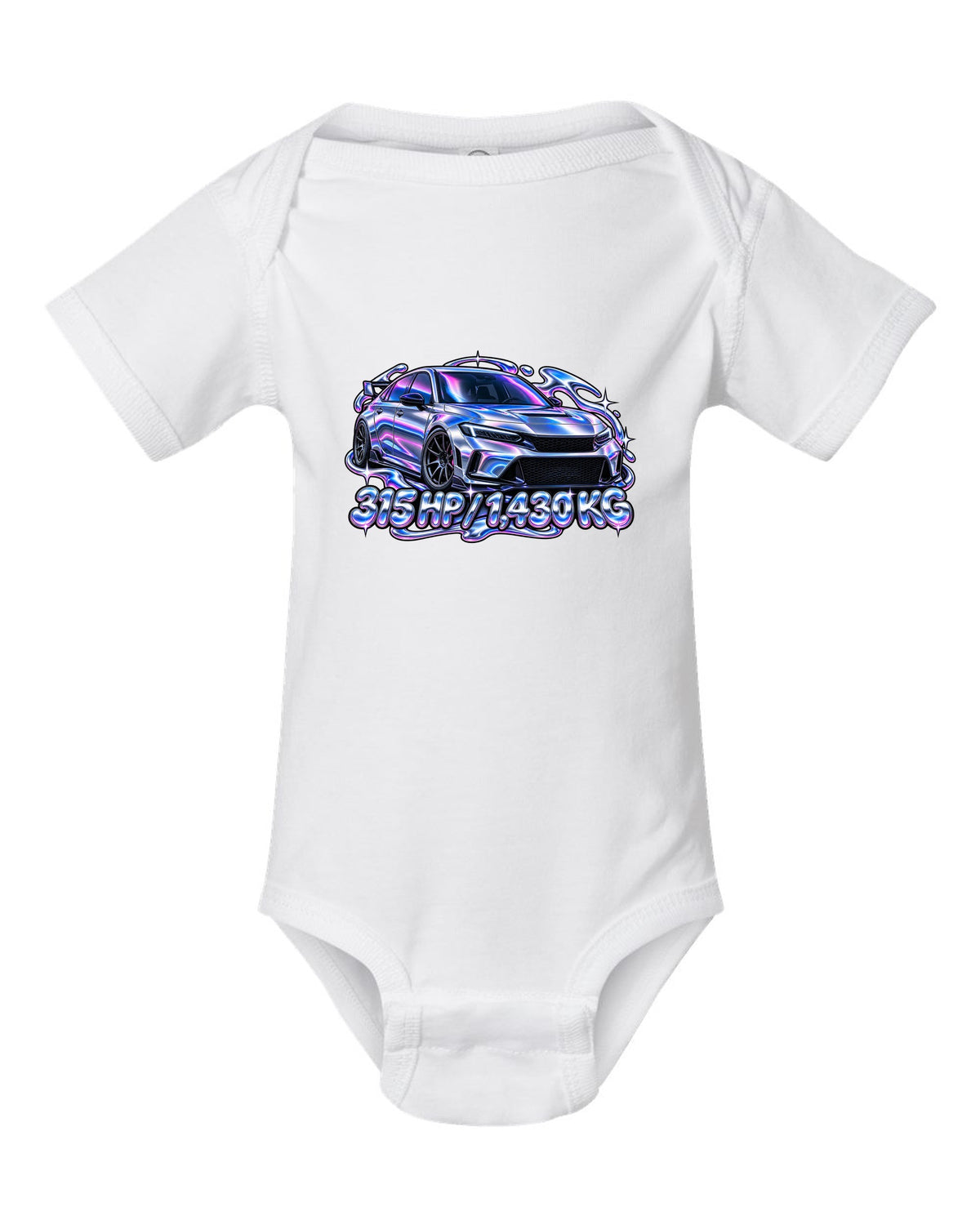 Y2K chrome gradient print of a Honda Civic Type R FL5 with 315 HP and 1,430 KG text white baby onesie front view with the design